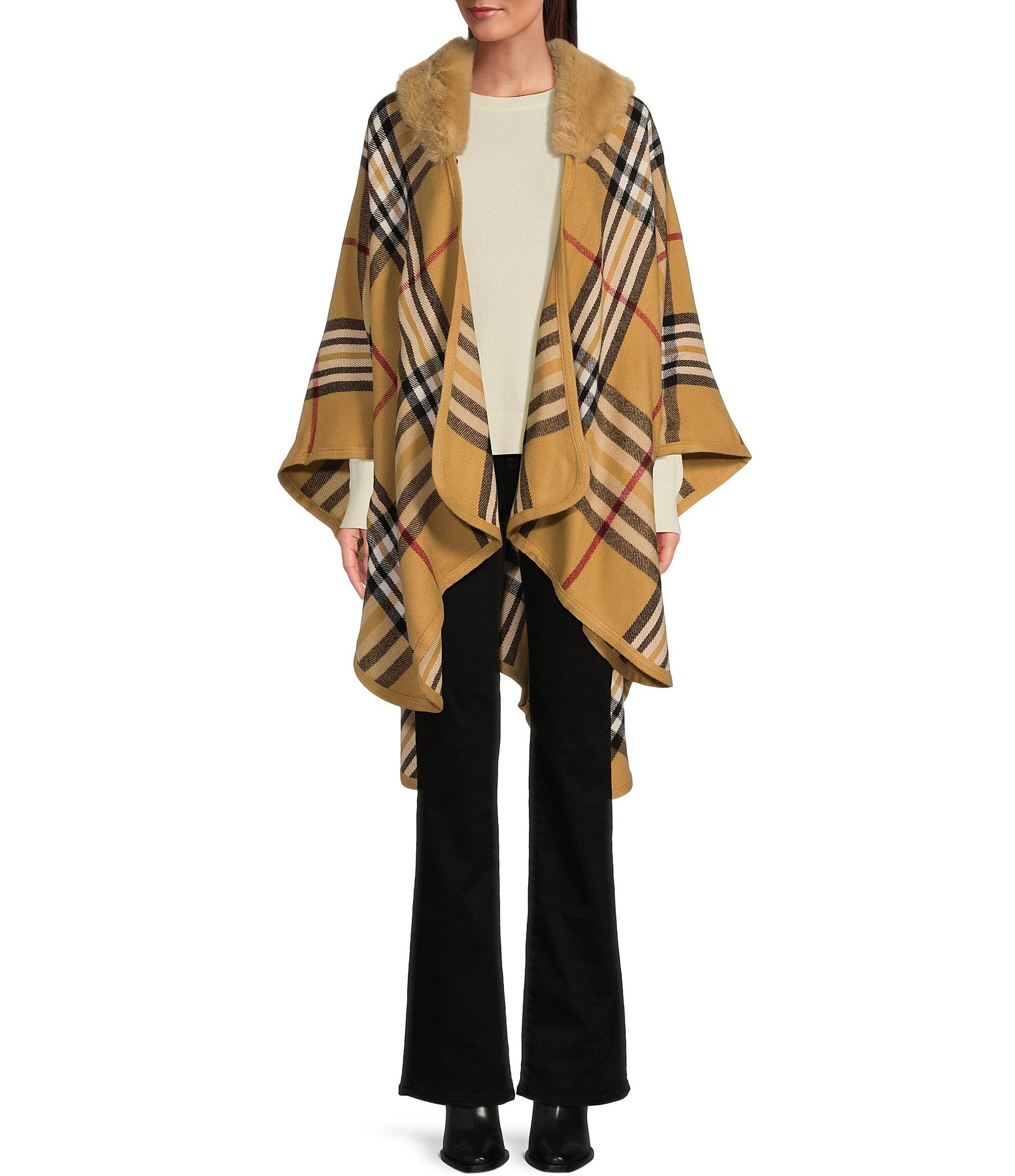 Fraas Exploded Plaid Faux Fur Collar Ruana | Dillard's