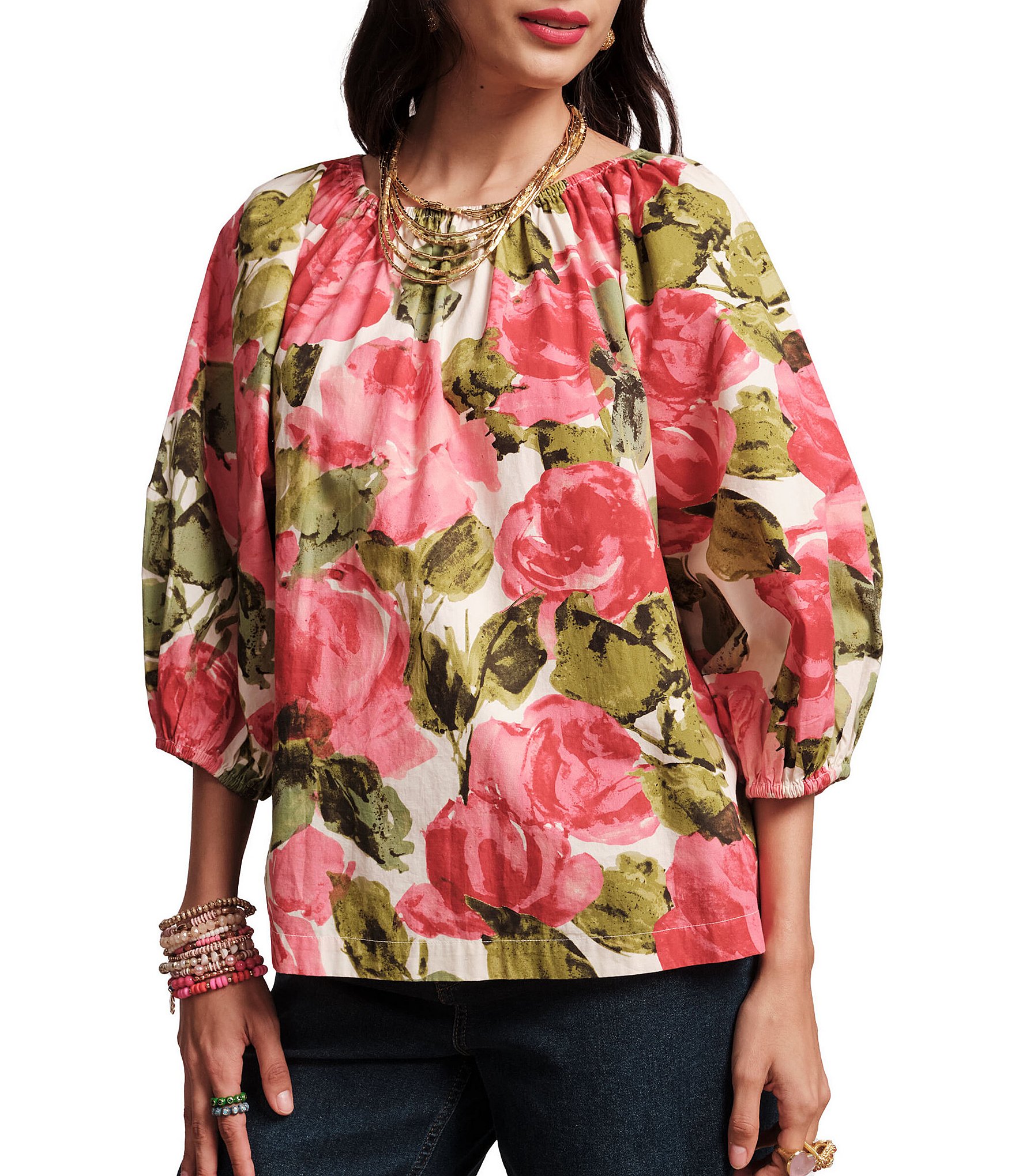 FRANCES VALENTINE Bliss Pretty Peonies Round Neck 3/4 Sleeve Blouse