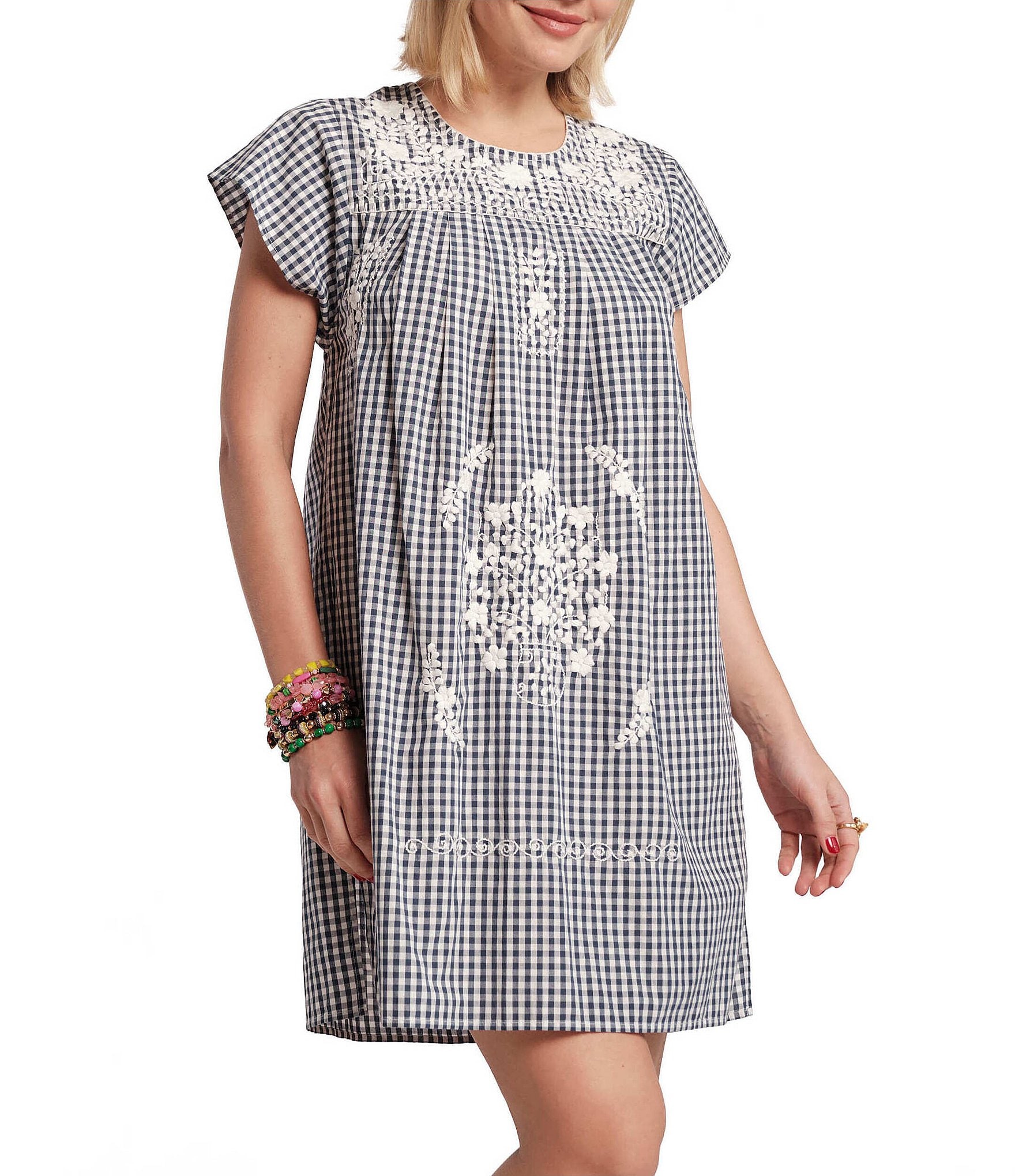 FRANCES VALENTINE Camilla Gingham Poplin Scoop Neck Short Sleeve Mini Dress