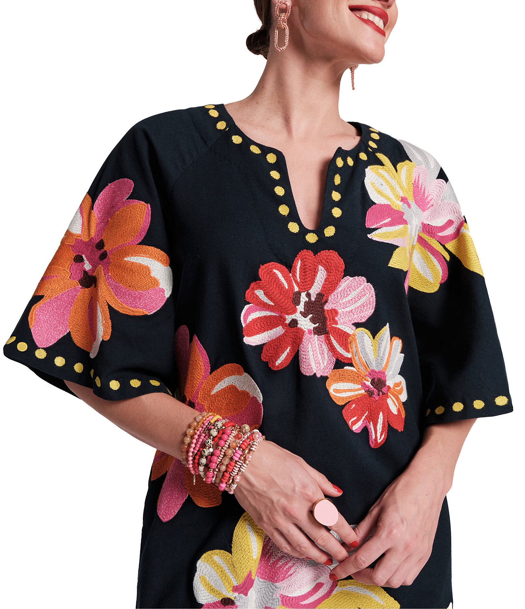 FRANCES VALENTINE Charming Floral Print Split Scoop Neck 3/4 Sleeve Dress
