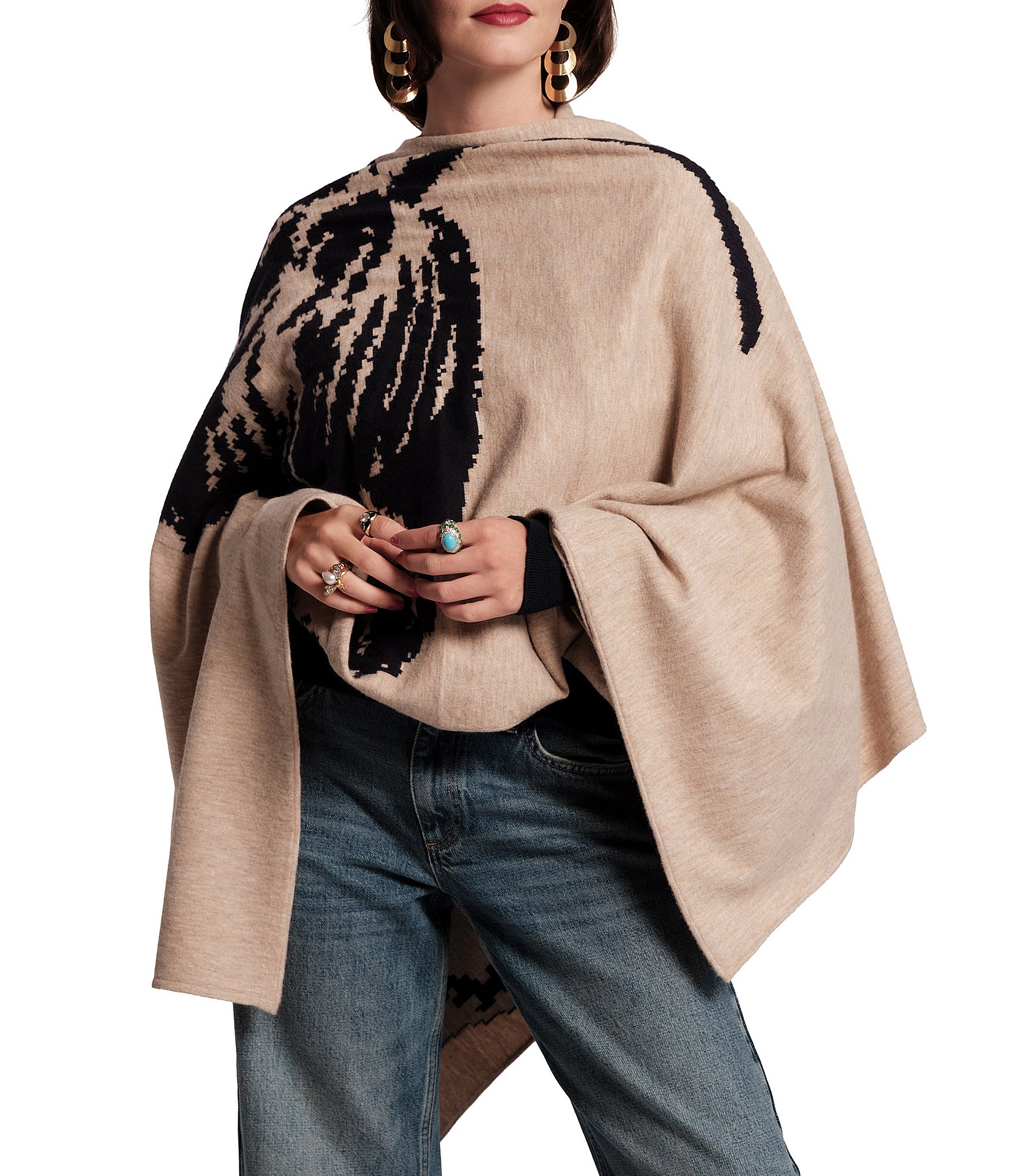 FRANCES VALENTINE Chrysanthemum Print Round Neck Poncho