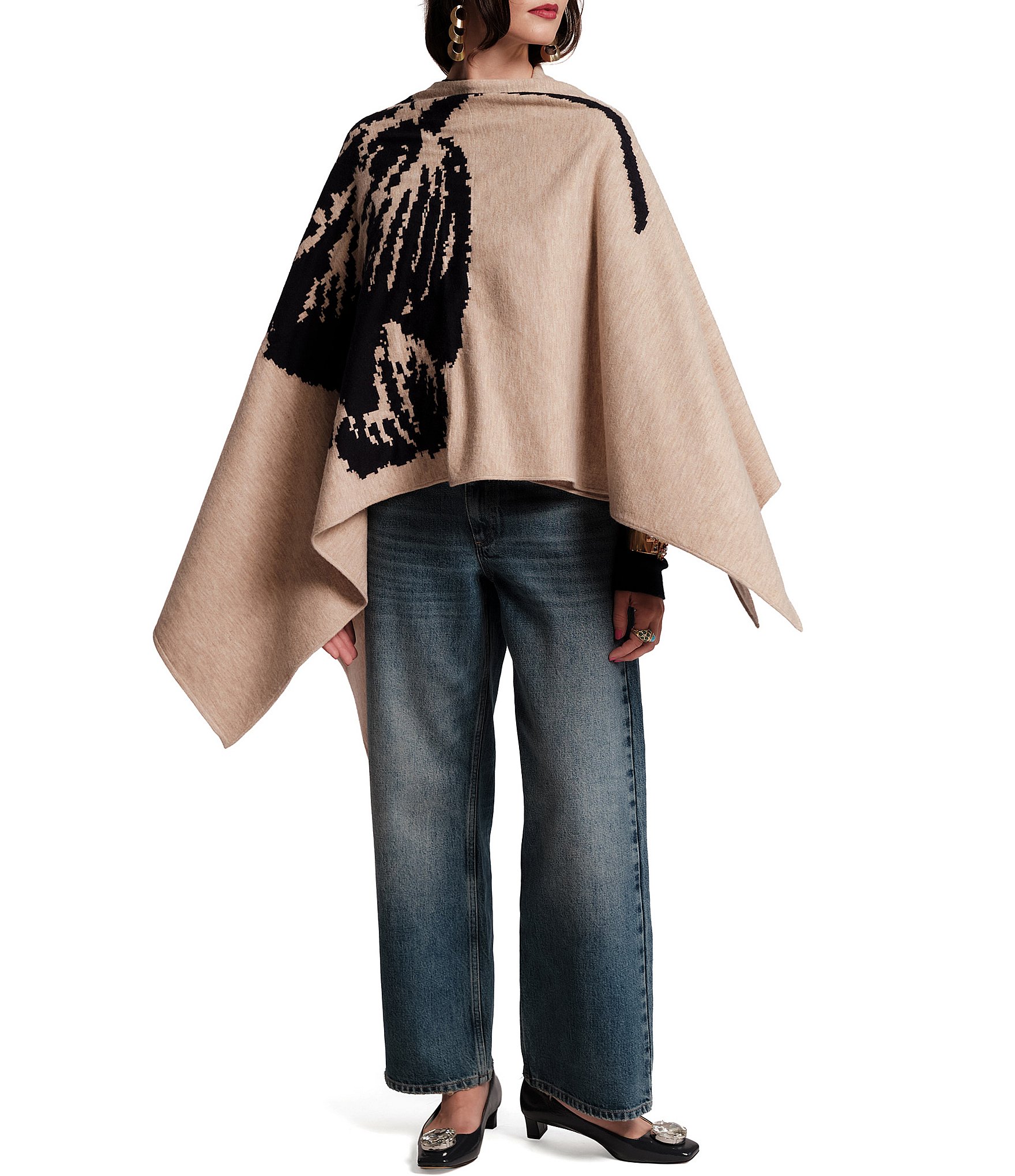 FRANCES VALENTINE Chrysanthemum Print Round Neck Poncho