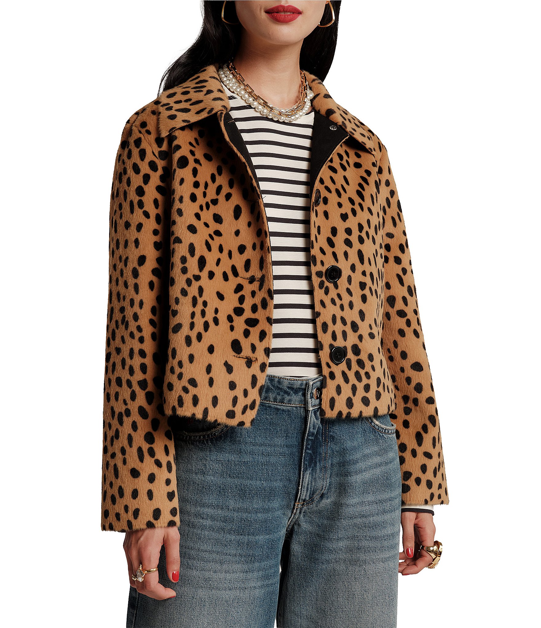 FRANCES VALENTINE Cosette Cheetah Print Faux-Fur Point Collar Long Sleeve Button-Front Crop Jacket