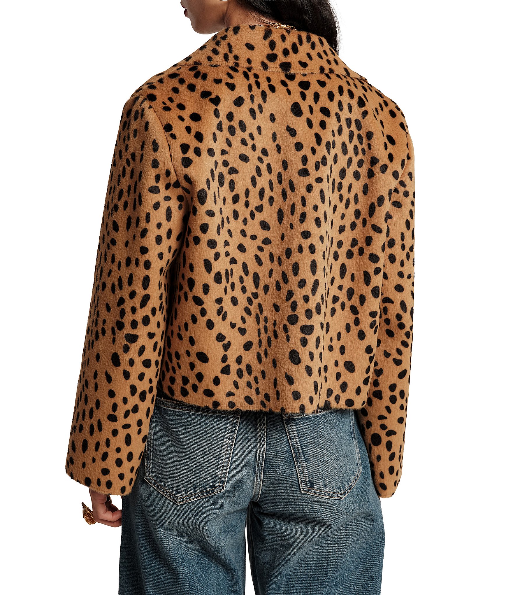 FRANCES VALENTINE Cosette Cheetah Print Faux-Fur Point Collar Long Sleeve Button-Front Crop Jacket