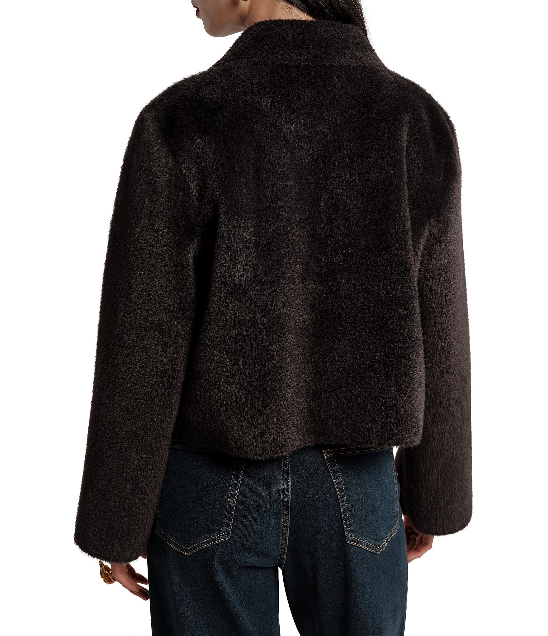 FRANCES VALENTINE Cosette Faux-Fur Point Collar Long Sleeve Button-Front Crop Jacket