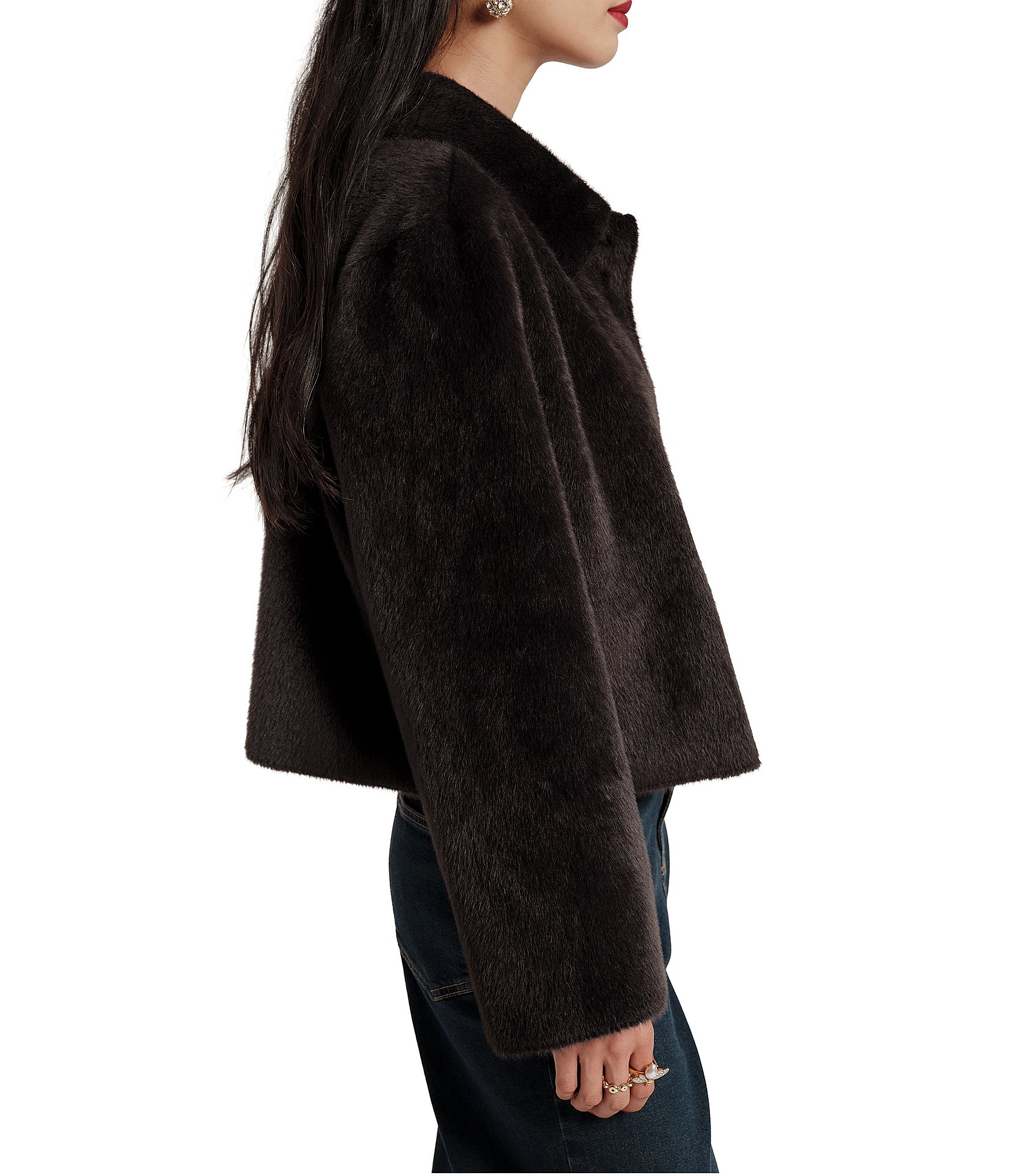 FRANCES VALENTINE Cosette Faux-Fur Point Collar Long Sleeve Button-Front Crop Jacket