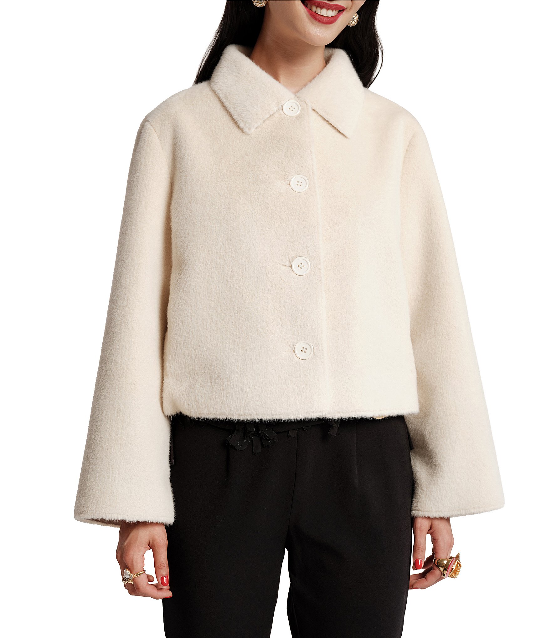 FRANCES VALENTINE Cosette Faux-Fur Point Collar Long Sleeve Button-Front Crop Jacket