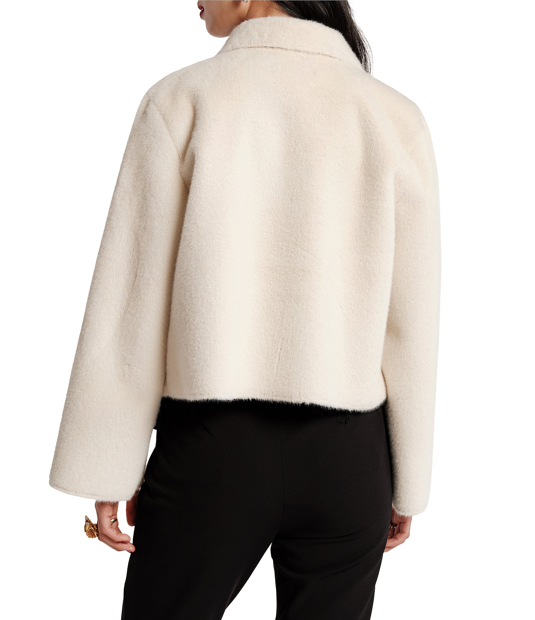 FRANCES VALENTINE Cosette Faux-Fur Point Collar Long Sleeve Button-Front Crop Jacket