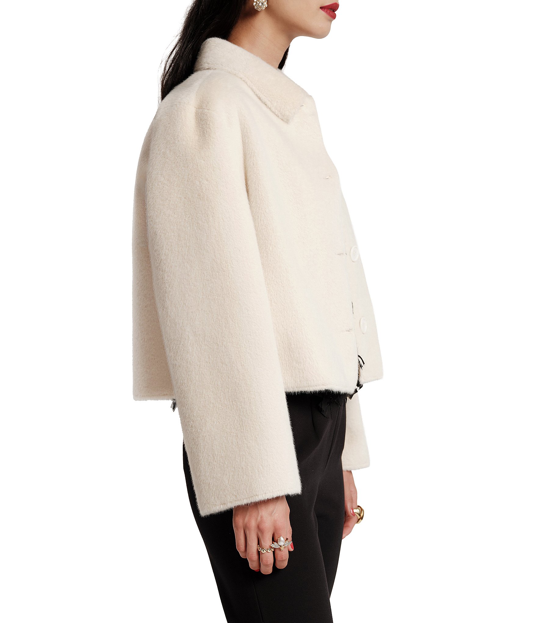 FRANCES VALENTINE Cosette Faux-Fur Point Collar Long Sleeve Button-Front Crop Jacket