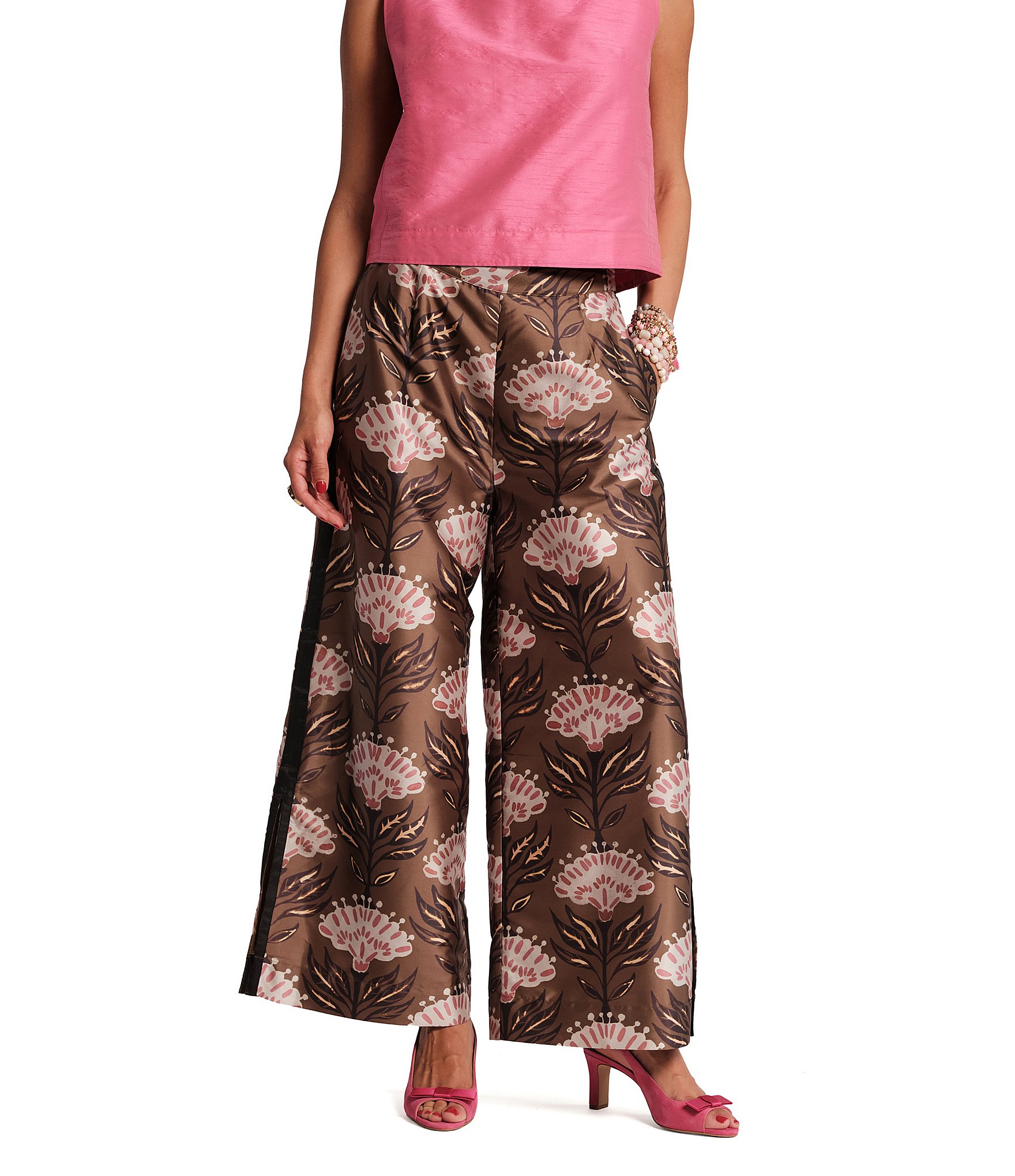 FRANCES VALENTINE Dupioni Lively Print Palazzo Pull-On Ankle Pants