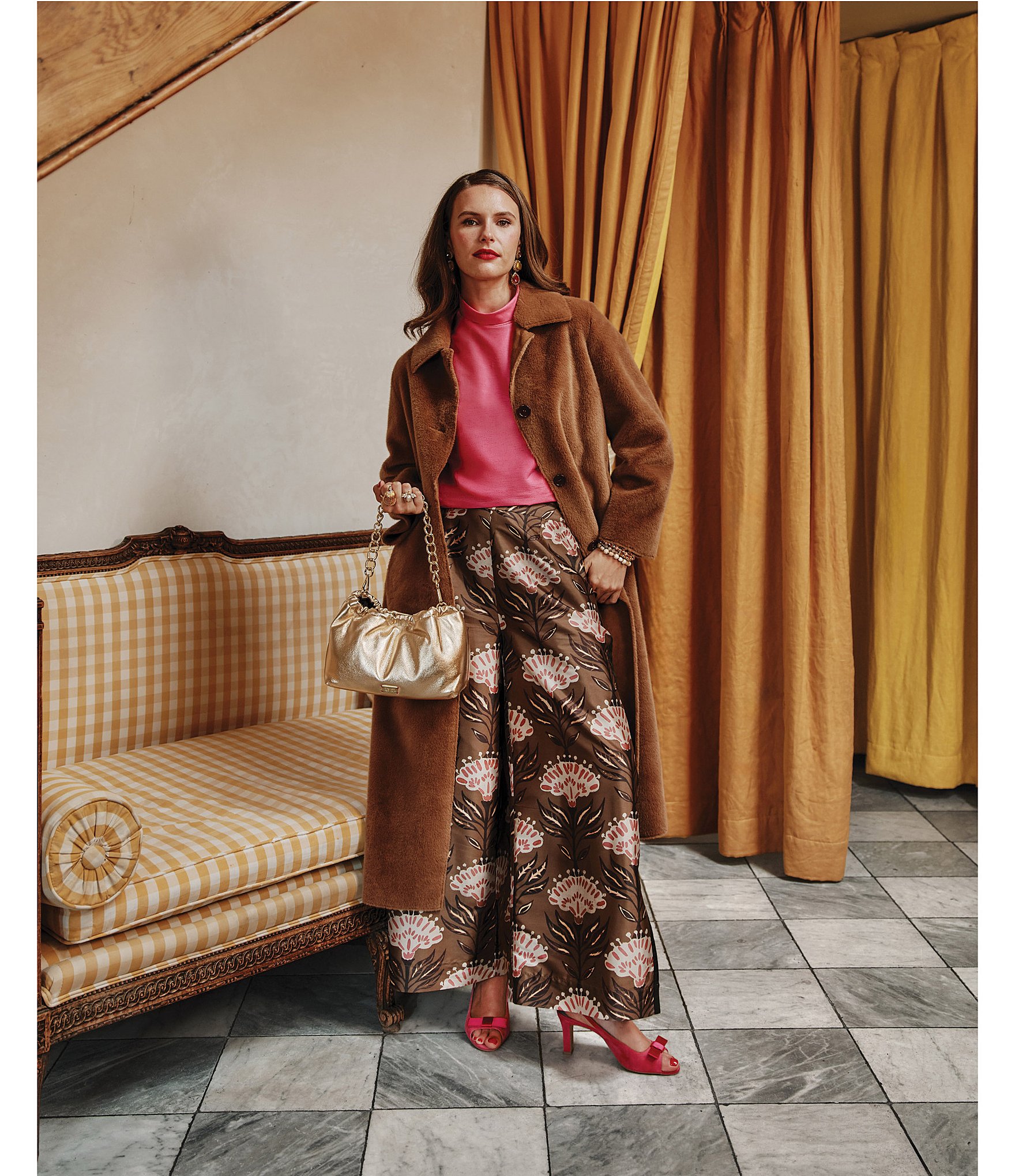 FRANCES VALENTINE Dupioni Lively Print Palazzo Pull-On Ankle Pants
