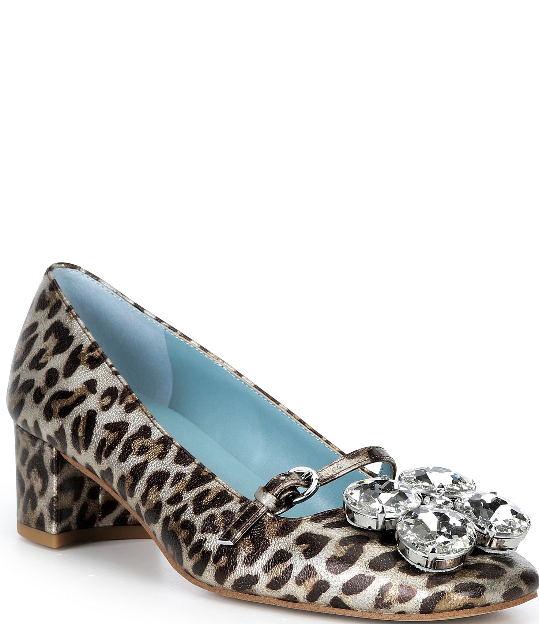 FRANCES VALENTINE Josephine Patent Leather Jewel Ornamented Leopard Print Mary Jane Pumps