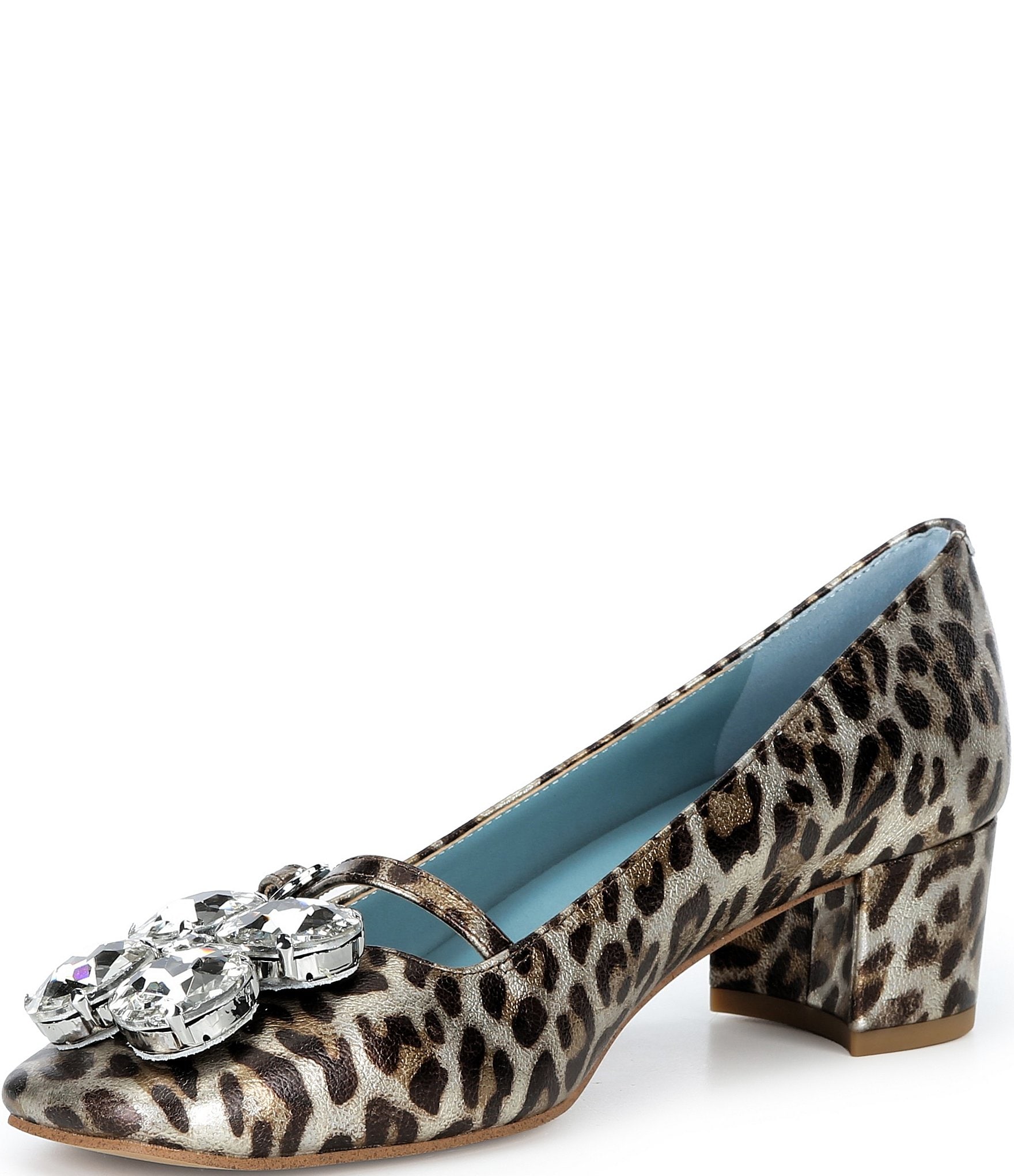 FRANCES VALENTINE Josephine Patent Leather Jewel Ornamented Leopard Print Mary Jane Pumps