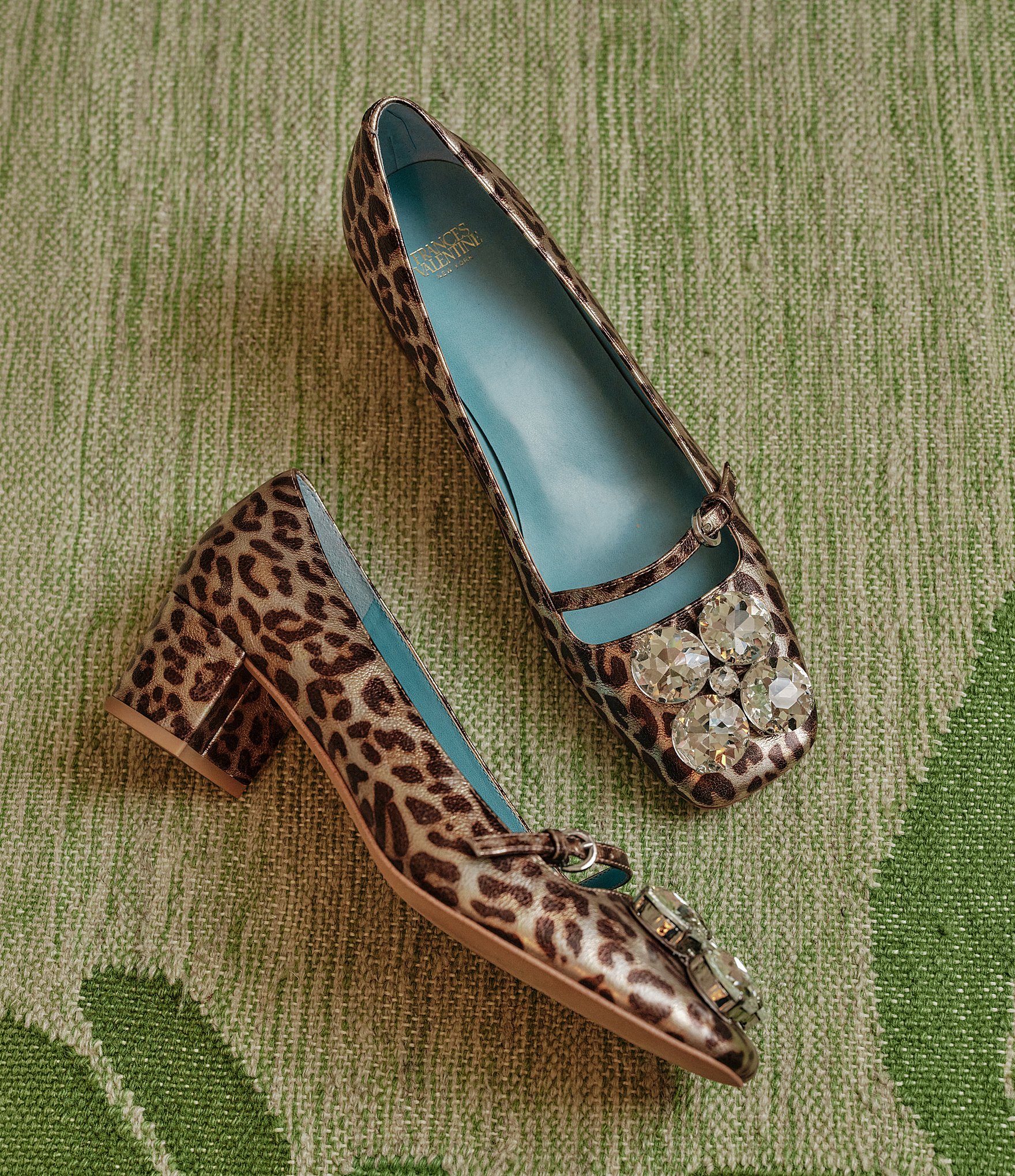 FRANCES VALENTINE Josephine Patent Leather Jewel Ornamented Leopard Print Mary Jane Pumps