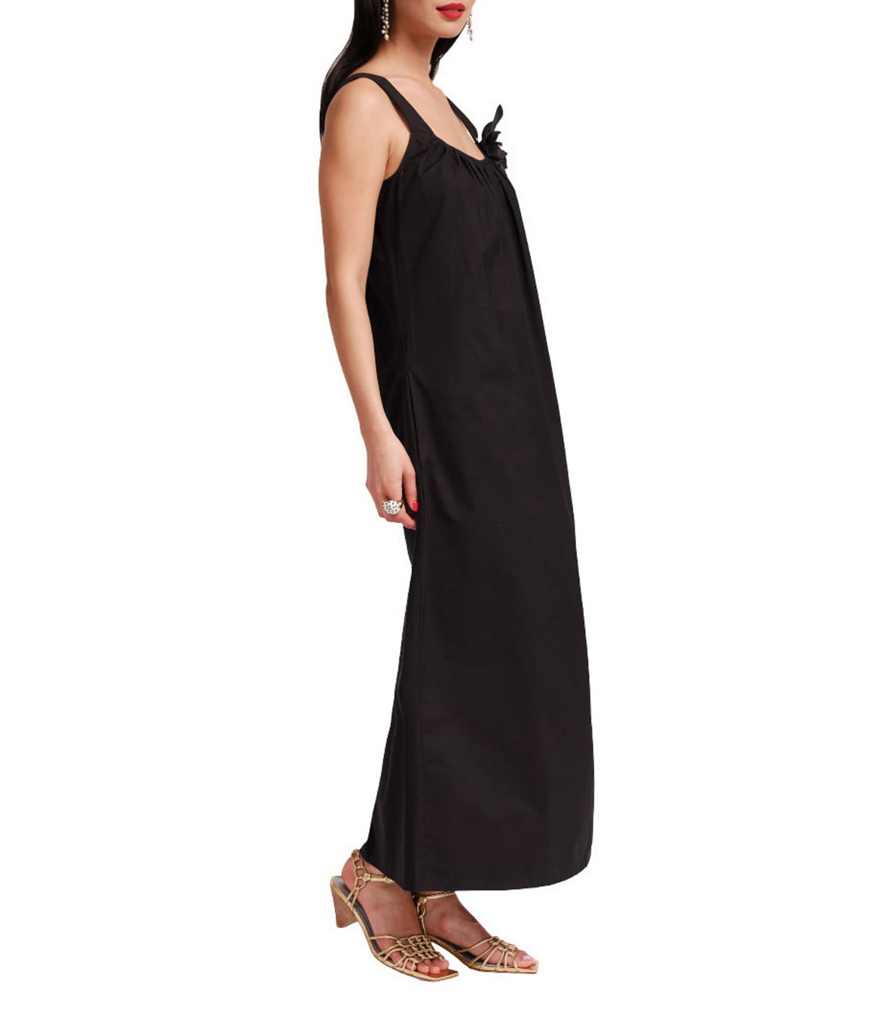 FRANCES VALENTINE Lynda Poplin Scoop Neck Sleeveless Ornamental Flower Maxi Dress