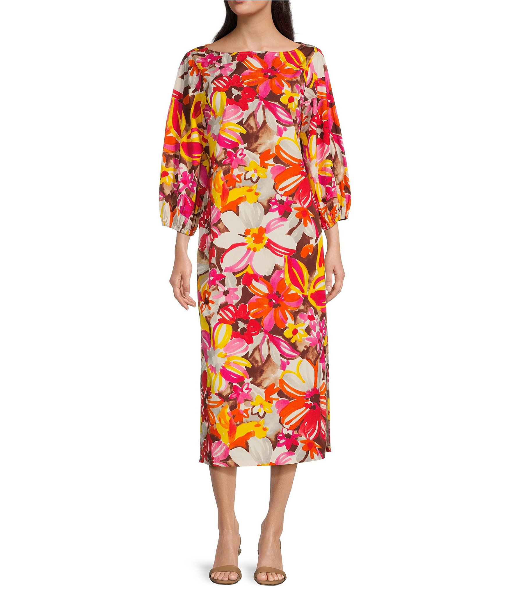FRANCES VALENTINE Minnow Sun Flower Boat Neck 3/4 Sleeve Midi Dress
