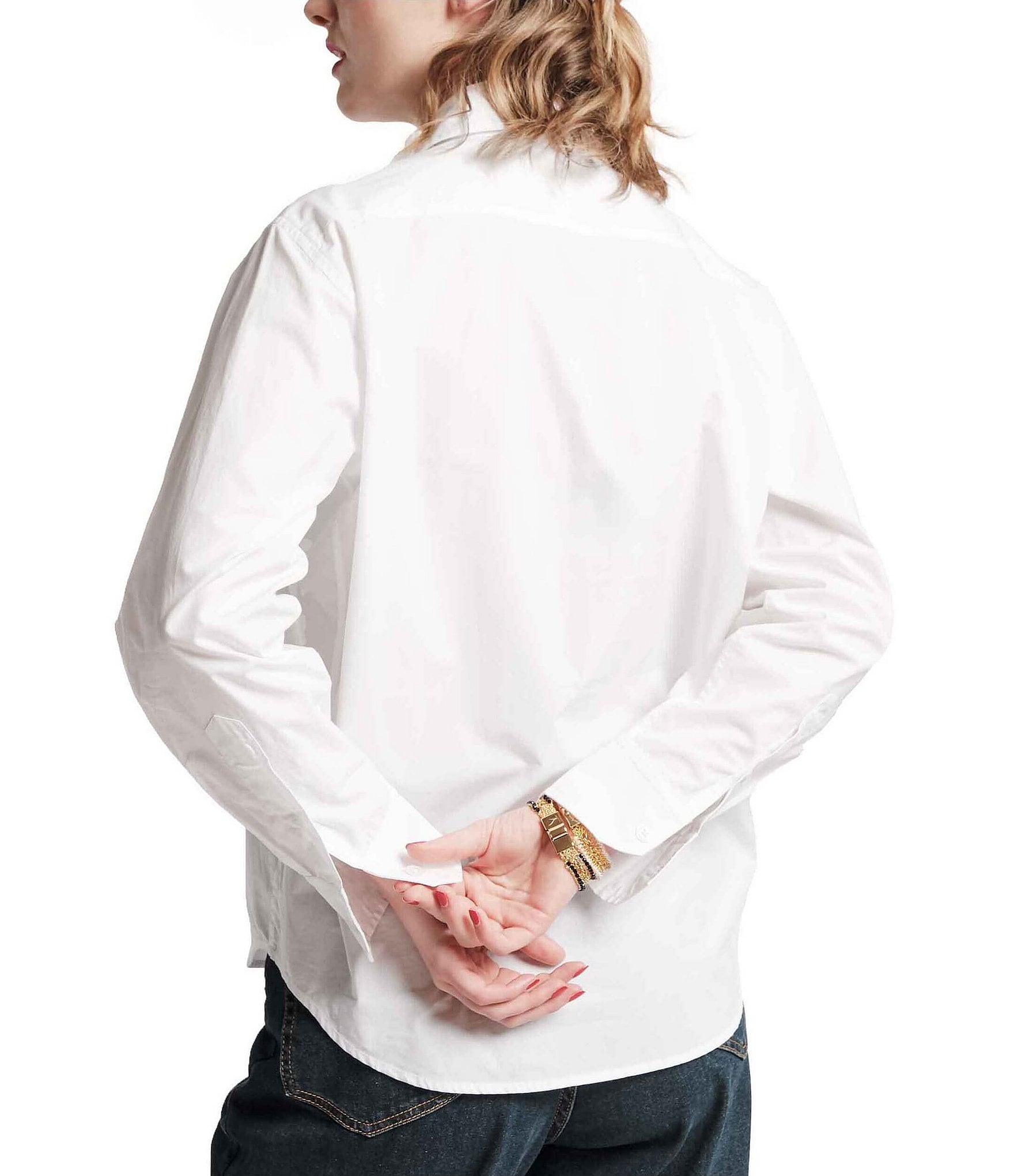 FRANCES VALENTINE Perfect Woven Point Collar Long Sleeve Embroidered Button Down Shirt