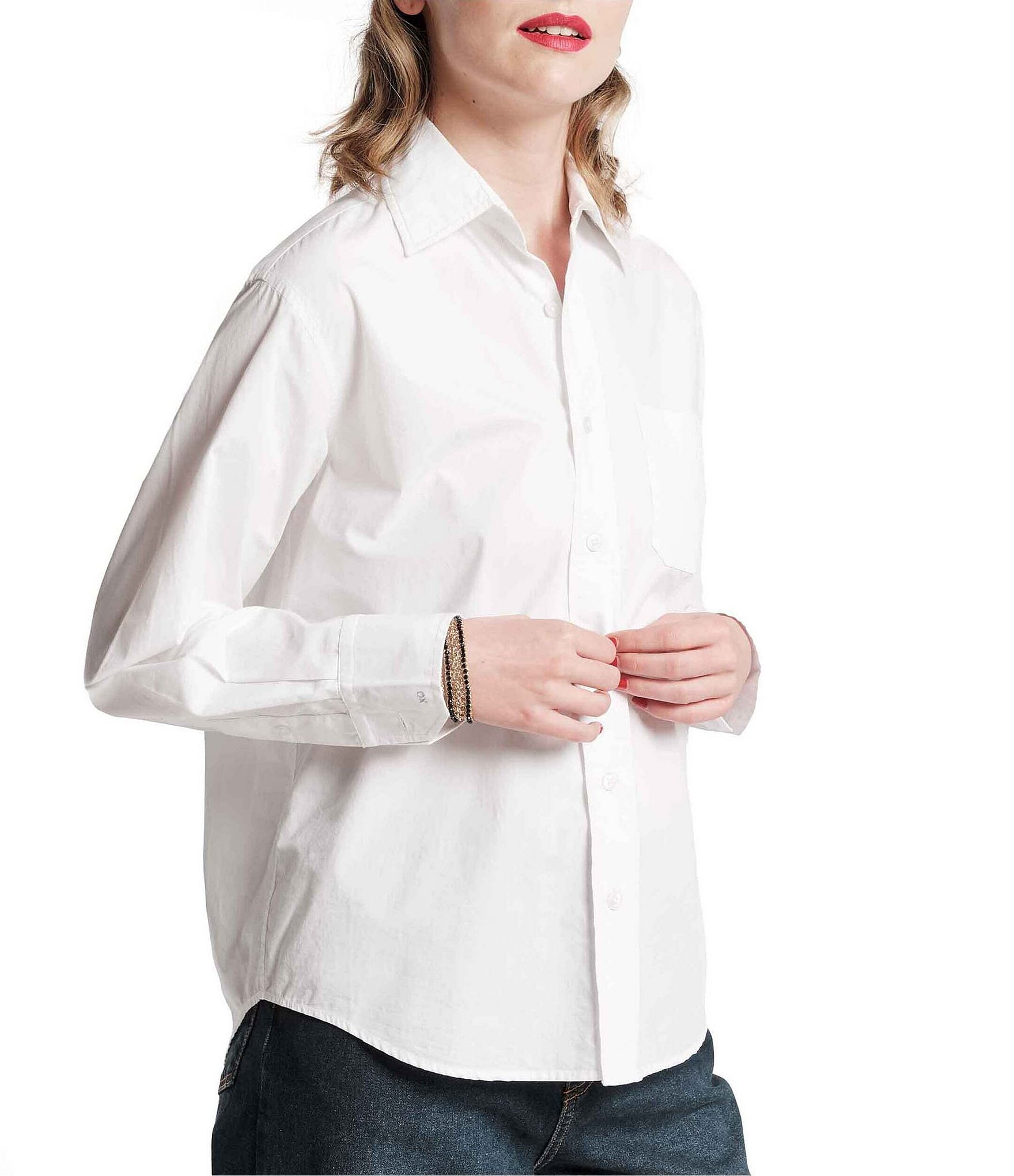 FRANCES VALENTINE Perfect Woven Point Collar Long Sleeve Embroidered Button Down Shirt