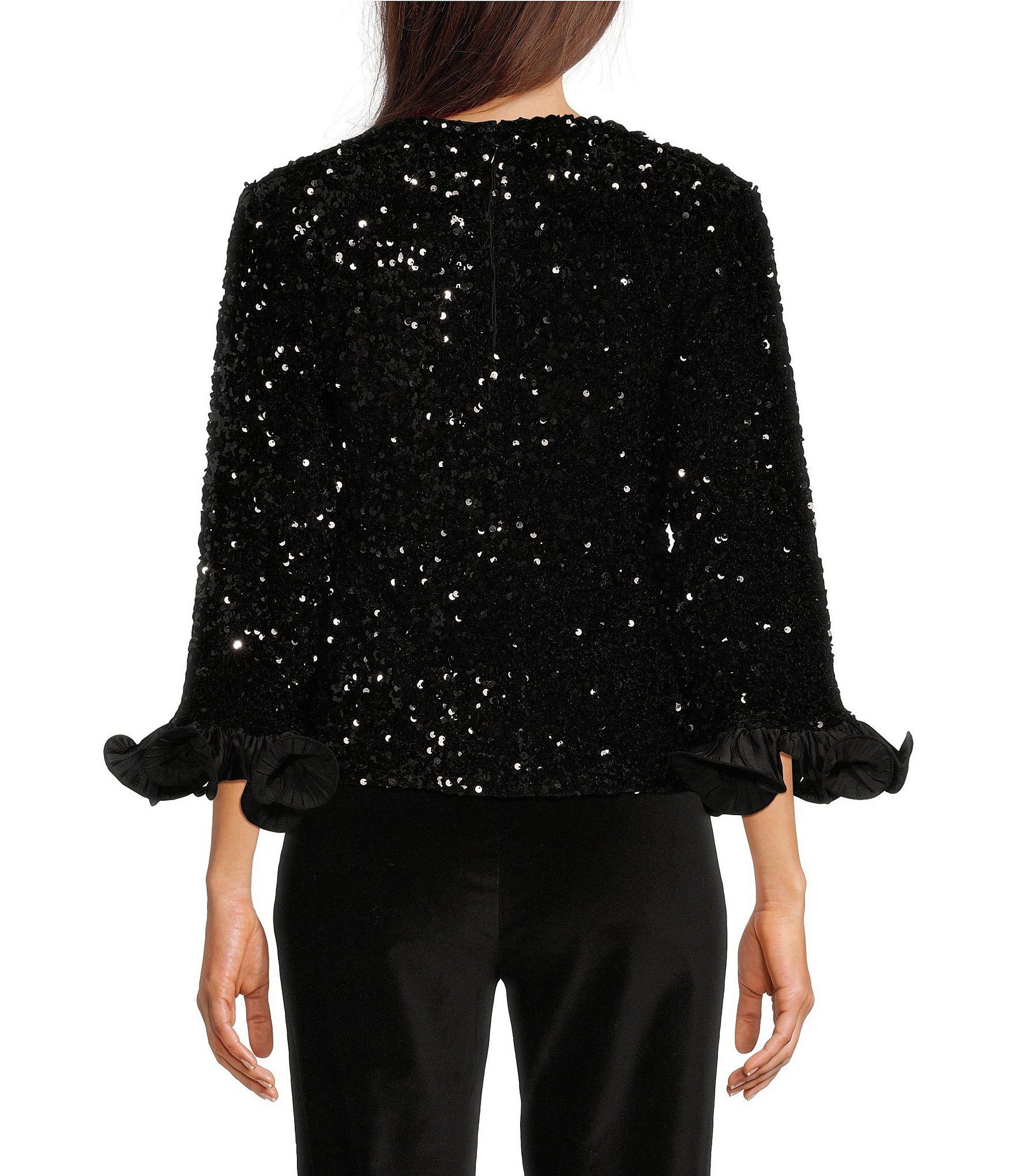 FRANCES VALENTINE Plaza Sequin Round Neck 3/4 Ruffle Sleeve Top