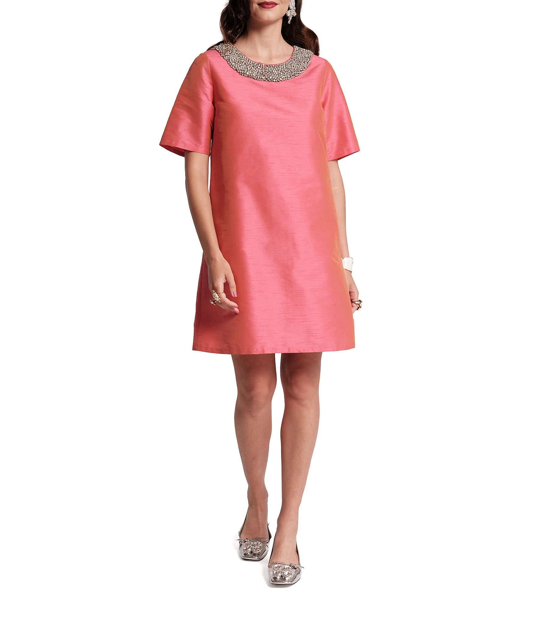 FRANCES VALENTINE Tabby Embellished Scoop Neck Short Sleeve Shift Dress