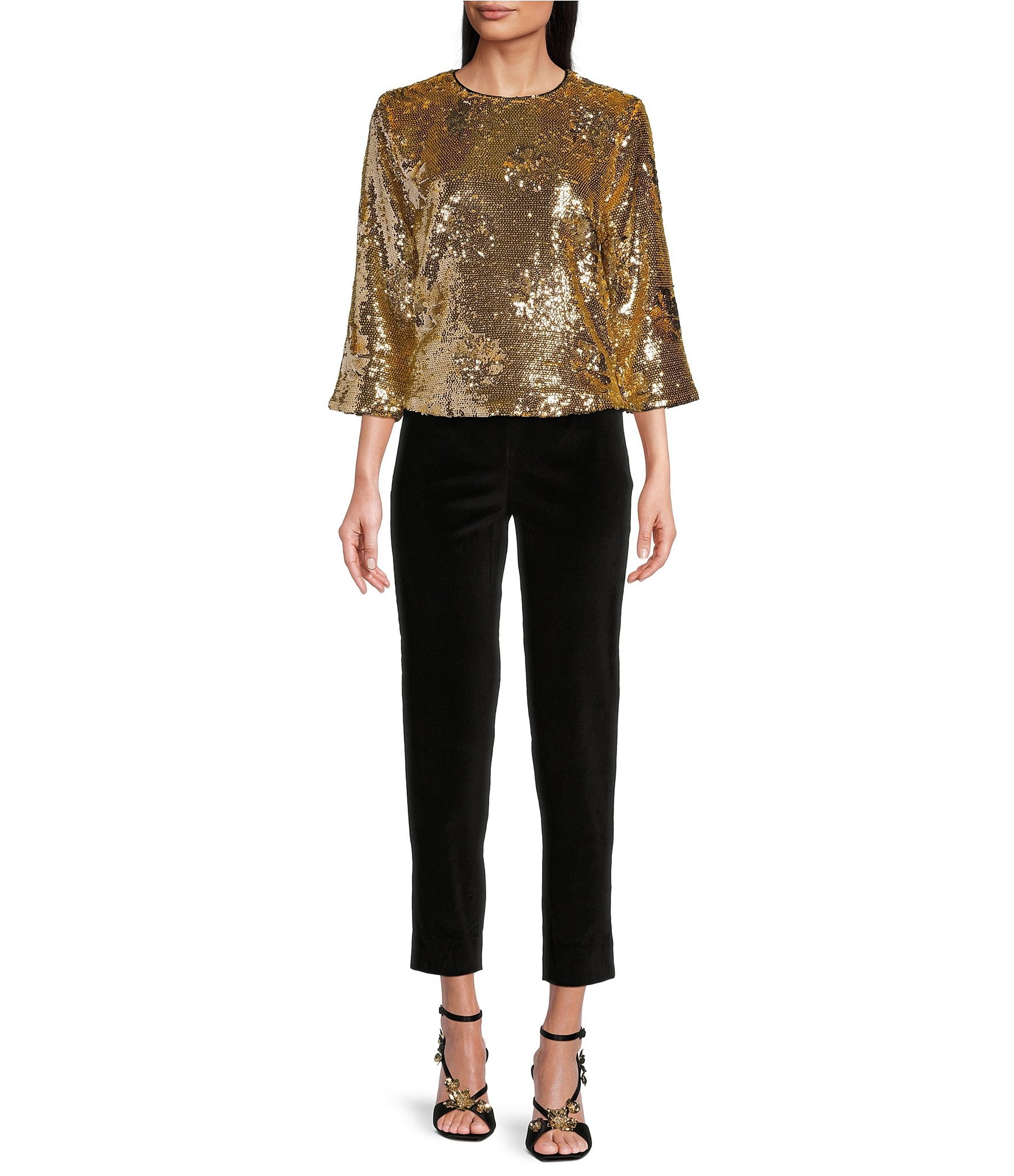 FRANCES VALENTINE Taylor Floral Sequin Bracelet Sleeve Top