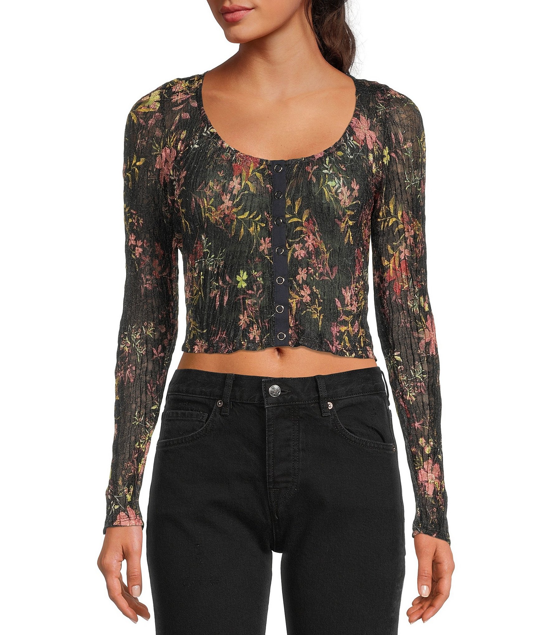 Free People Angelina Flora Lace Scoop Neck Button Front Long Sleeve ...
