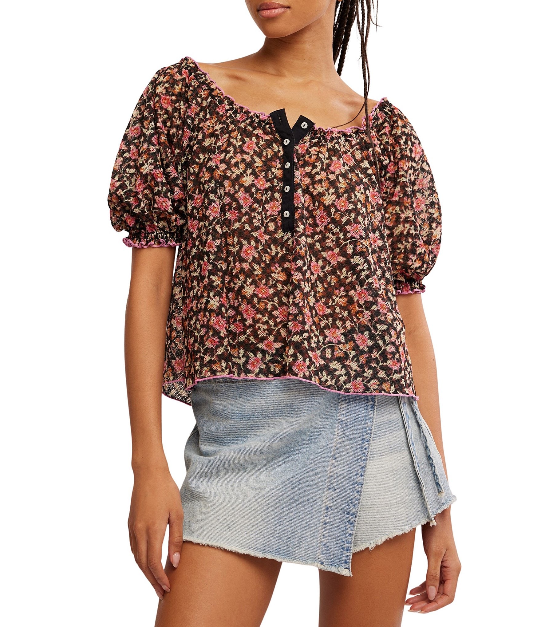 Free People Astra Peasant Floral Print Scoop Neck Short