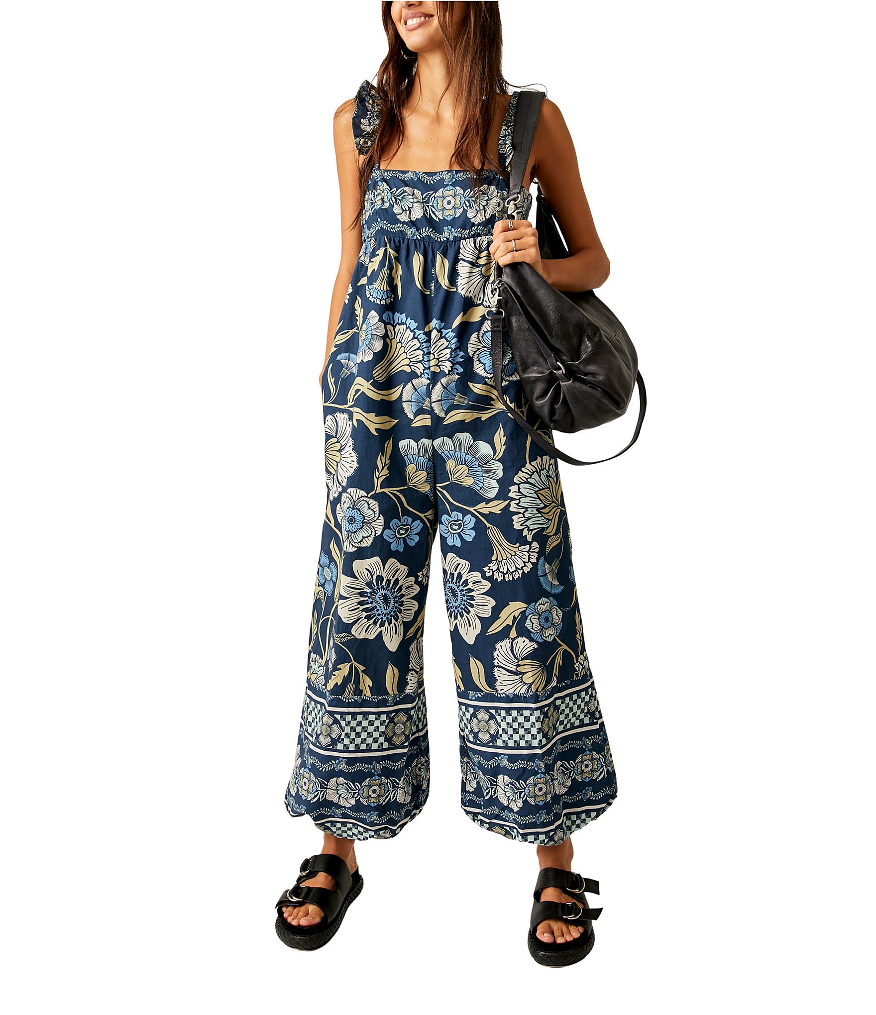 Free People Edison Denim Button Front Wide Leg Cinched Waist Coverall  Jumpsuit