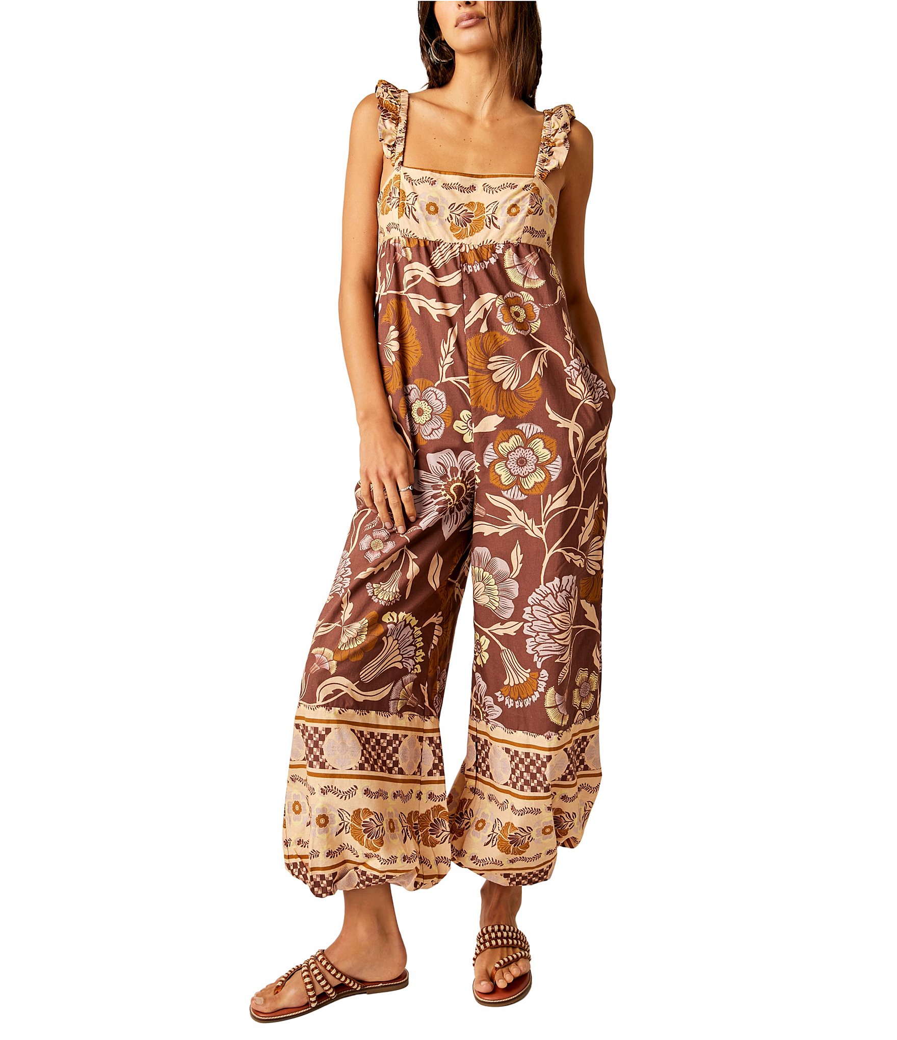 Free People Bali Floral Print Square Neck Sleeveless Cuffed Hem Jumpsuit