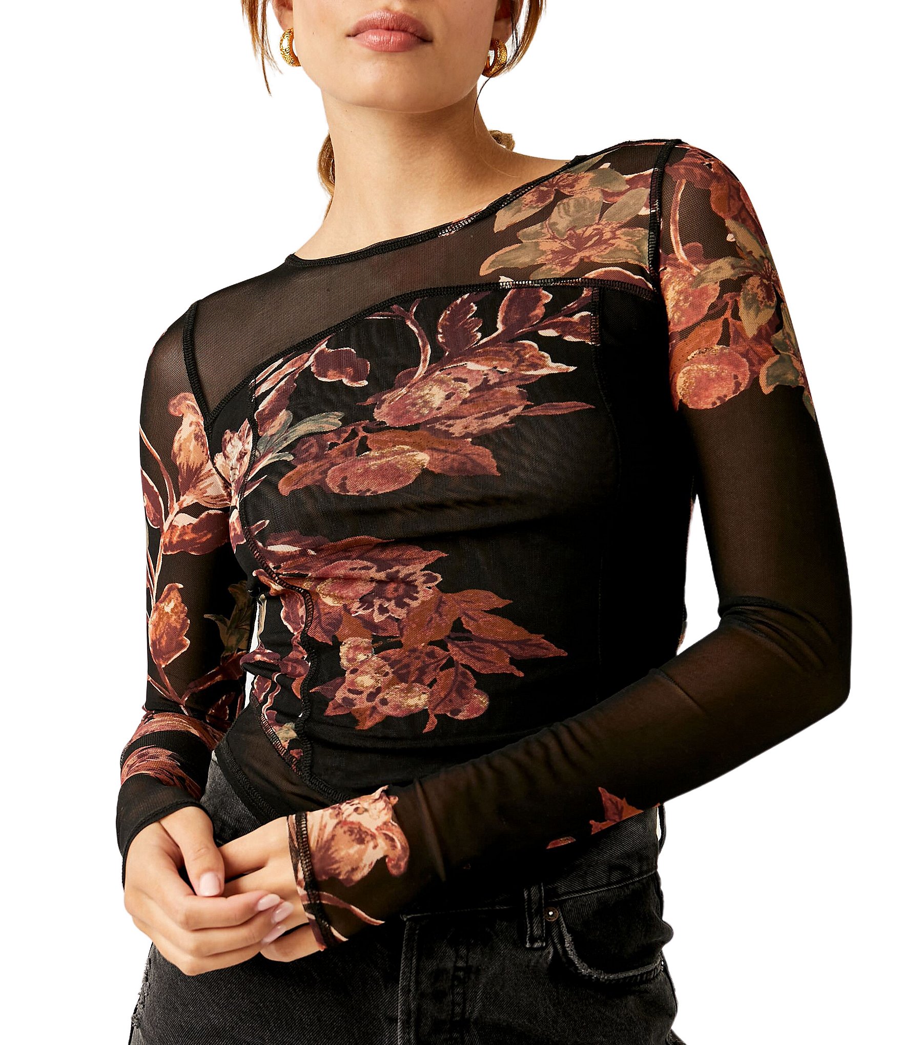 Free People Betty's Garden Floral Mesh Scoop Neck Long Sleeve Shirt