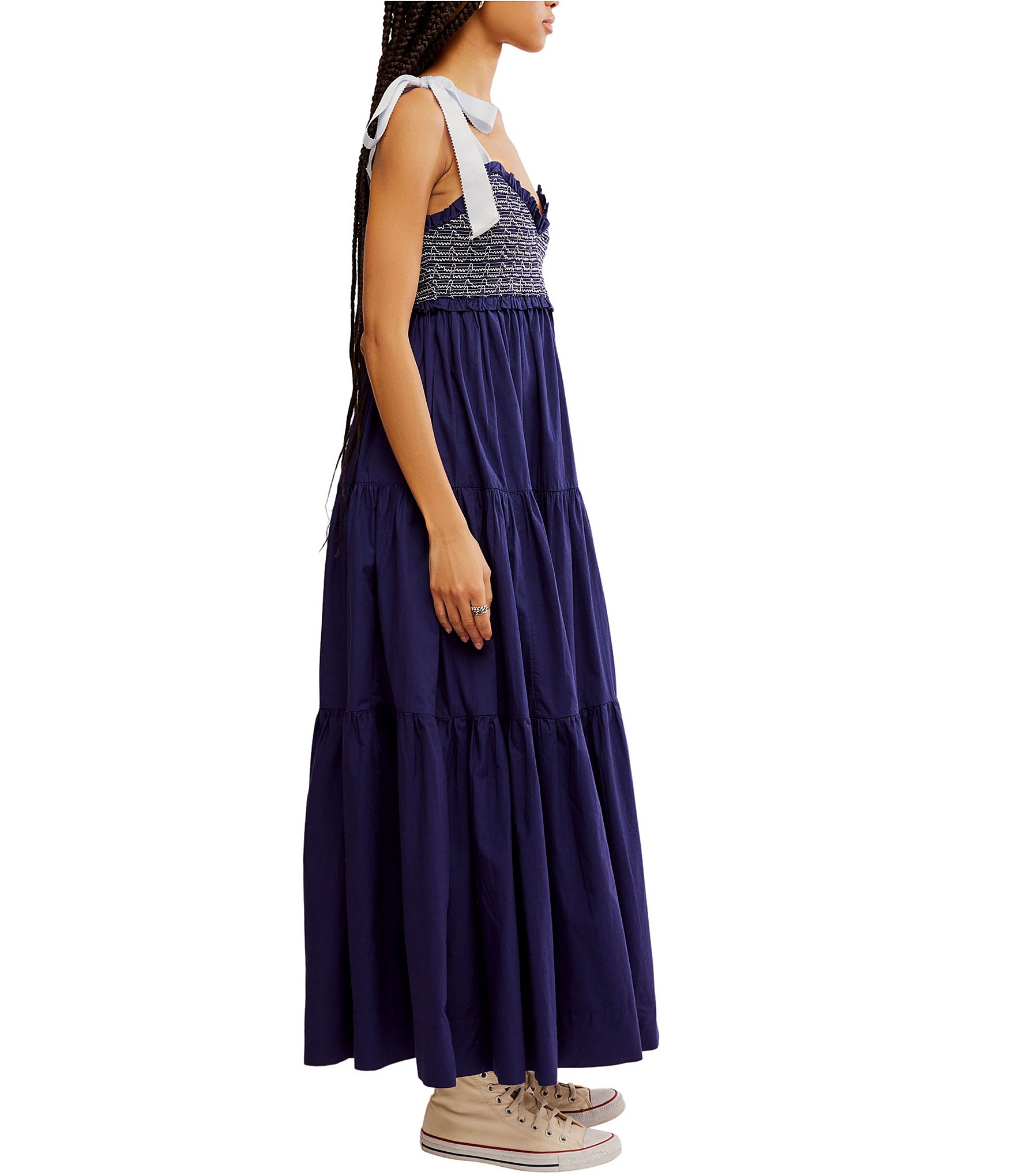 Free People Bluebell Solid V-Neck Sleeveless Tie Shoulder Maxi Dress