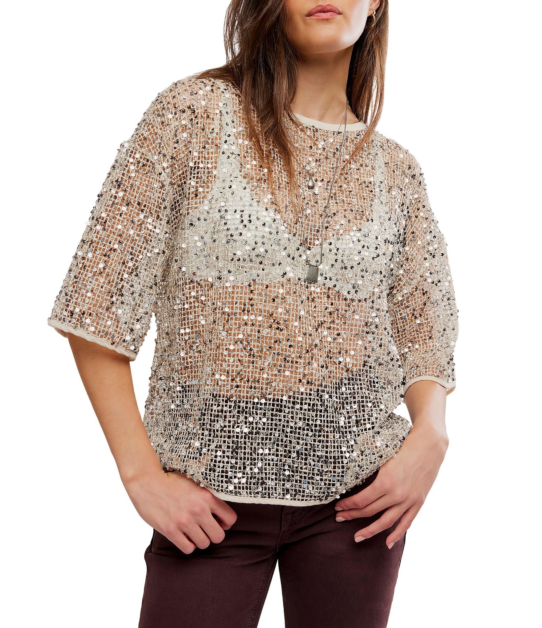 Free People Calypso Sparkly Net Crew Neck Short Sleeve Tee
