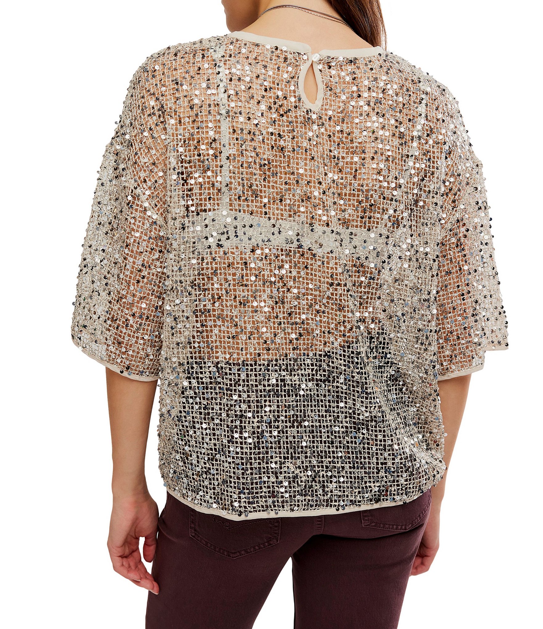 Free People Calypso Sparkly Net Crew Neck Short Sleeve Tee