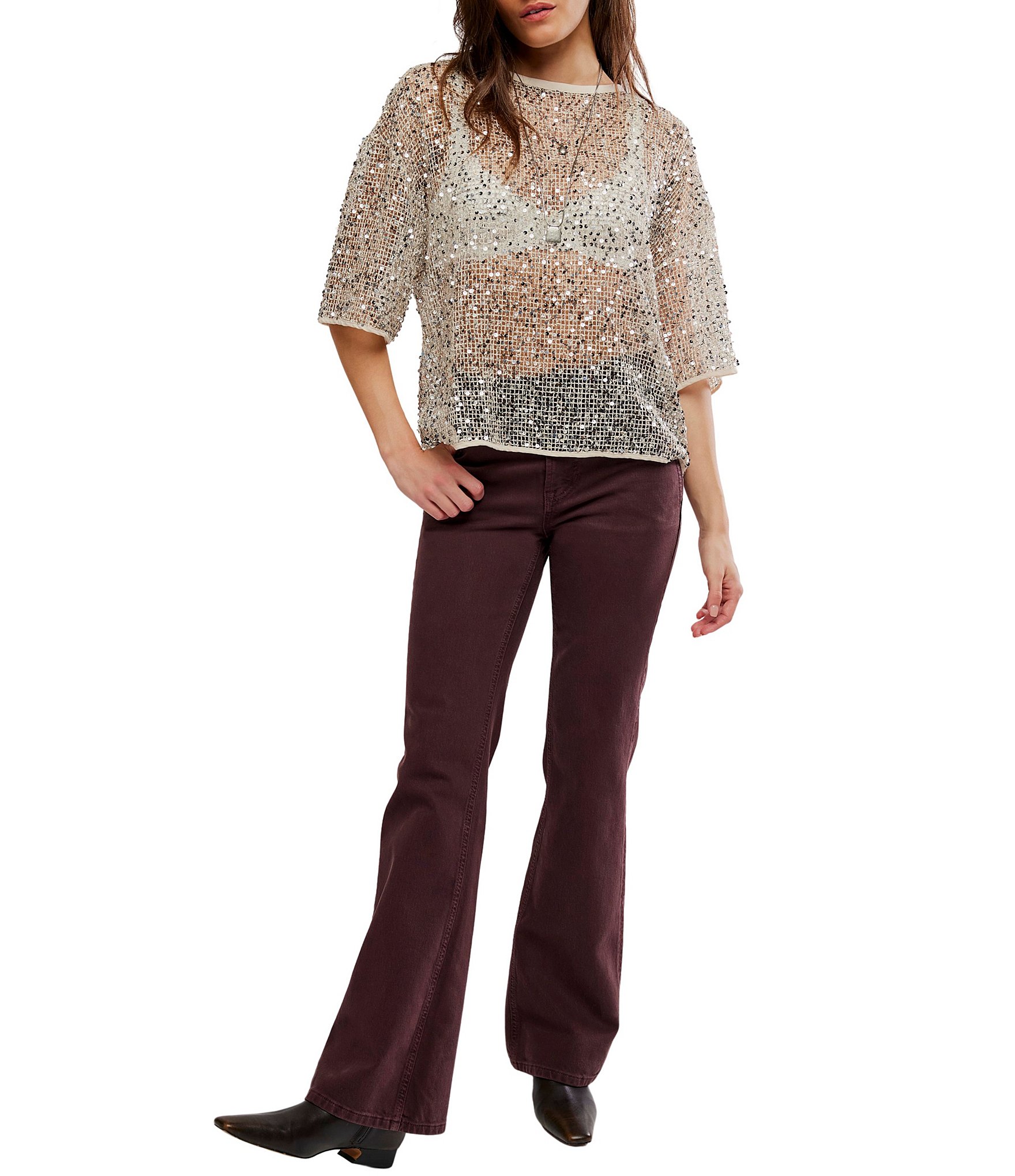 Free People Calypso Sparkly Net Crew Neck Short Sleeve Tee