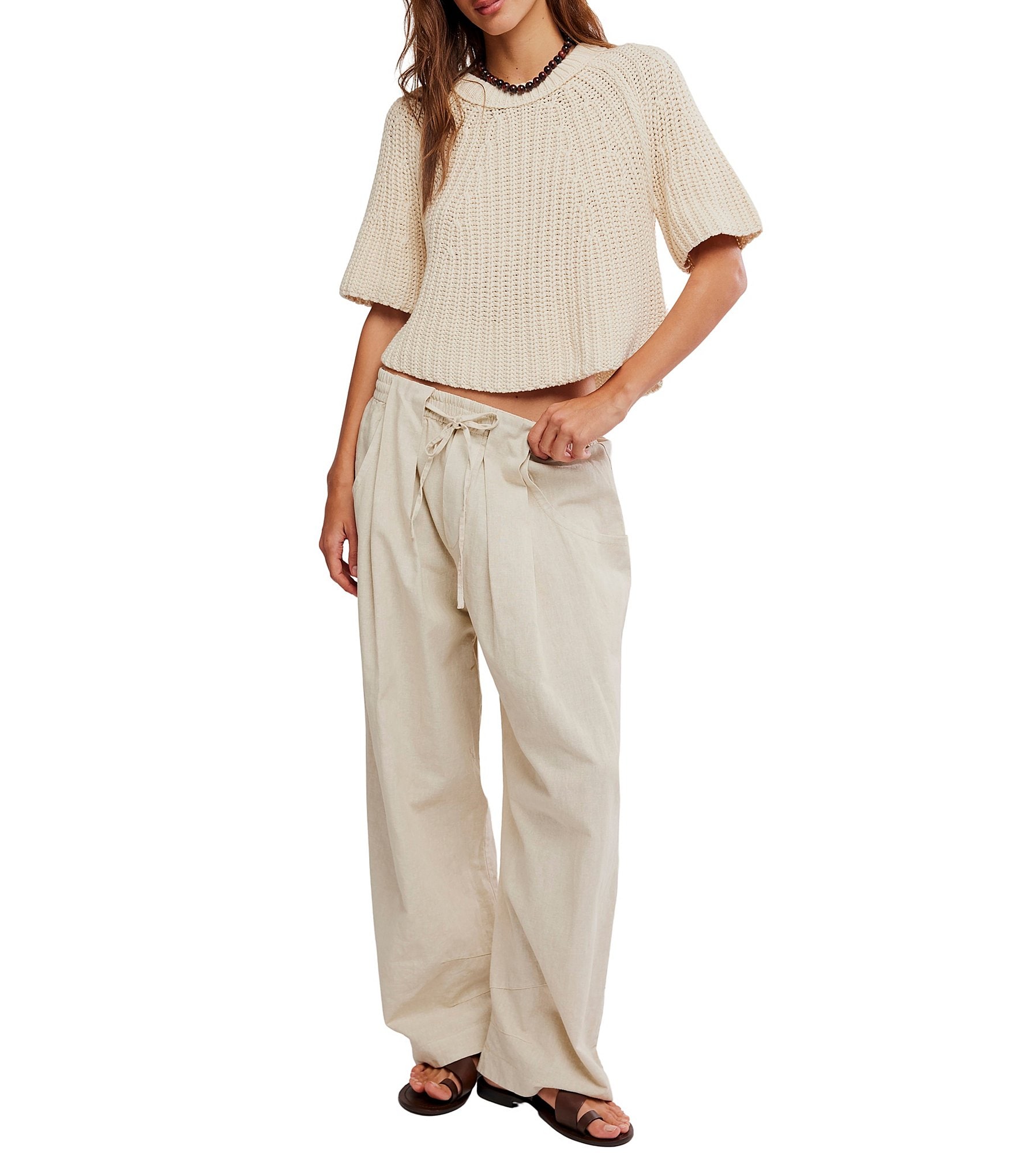 Free People Chambers Laid Back Linen Blend Mid Rise Pull-On Pants