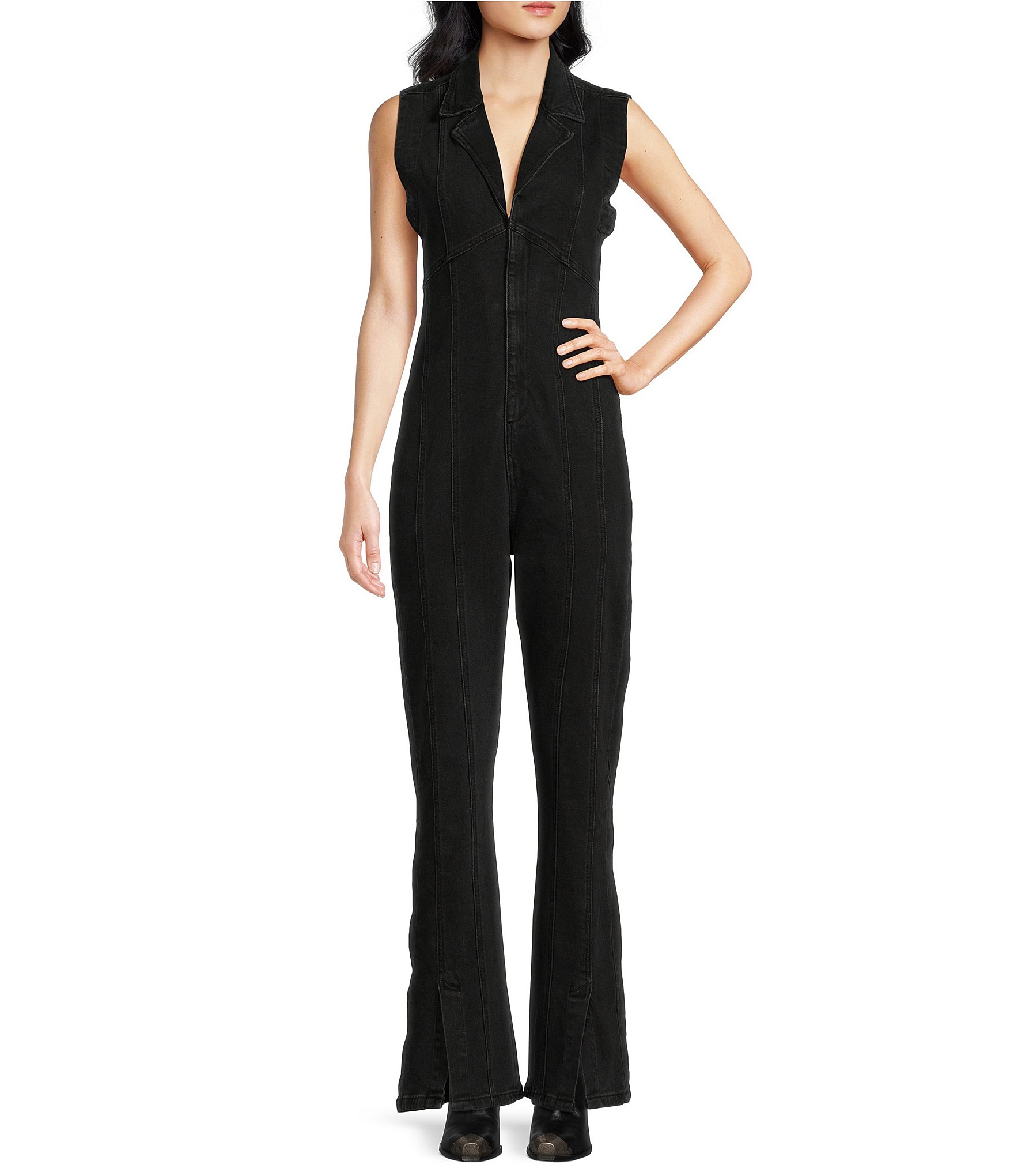 Free People CRVY Ring The Alarm Denim V-Neck Sleeveless Zip Front Flare Jumpsuit