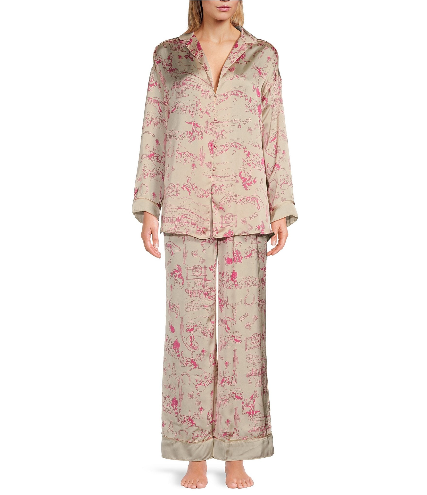 Free People Dreamy Days Allover Printed Lightweight Soft Satin Notch Collar Long Sleeve Wide Leg Oversized Pajama Set