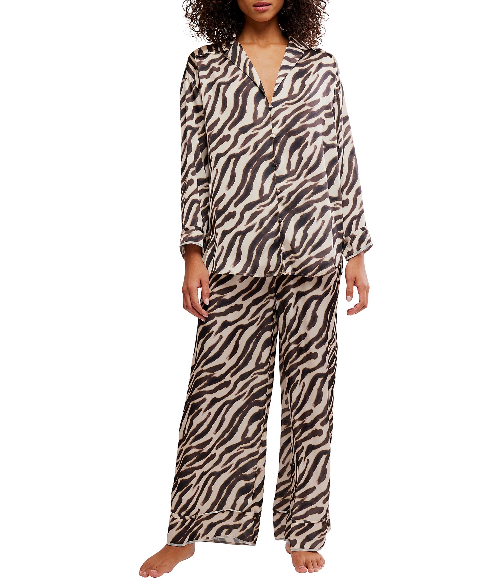 Free People Dreamy Days Zebra Print Satin Notch Collar Long Sleeve Wide Leg Oversized Pajama Set