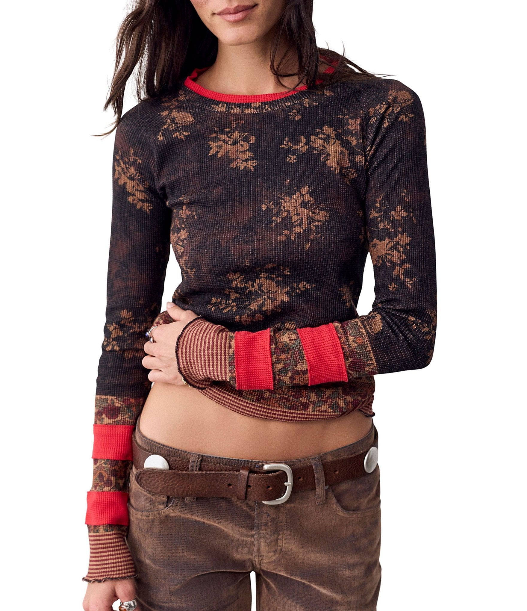 Free People Easy Does It Printed Crew Neck Long Sleeve Ribbed Knit Top