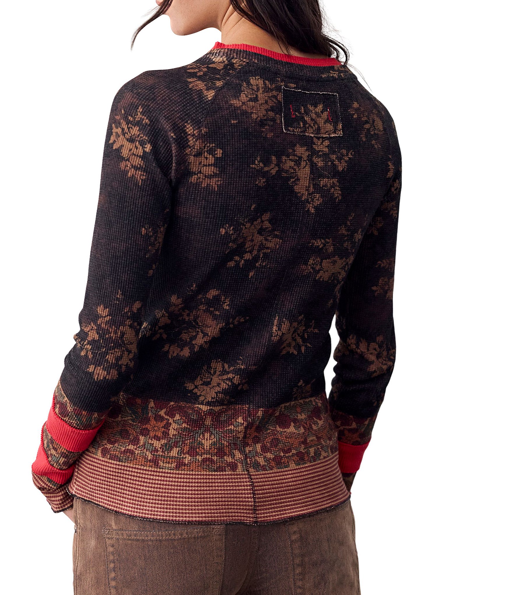Free People Easy Does It Printed Crew Neck Long Sleeve Ribbed Knit Top