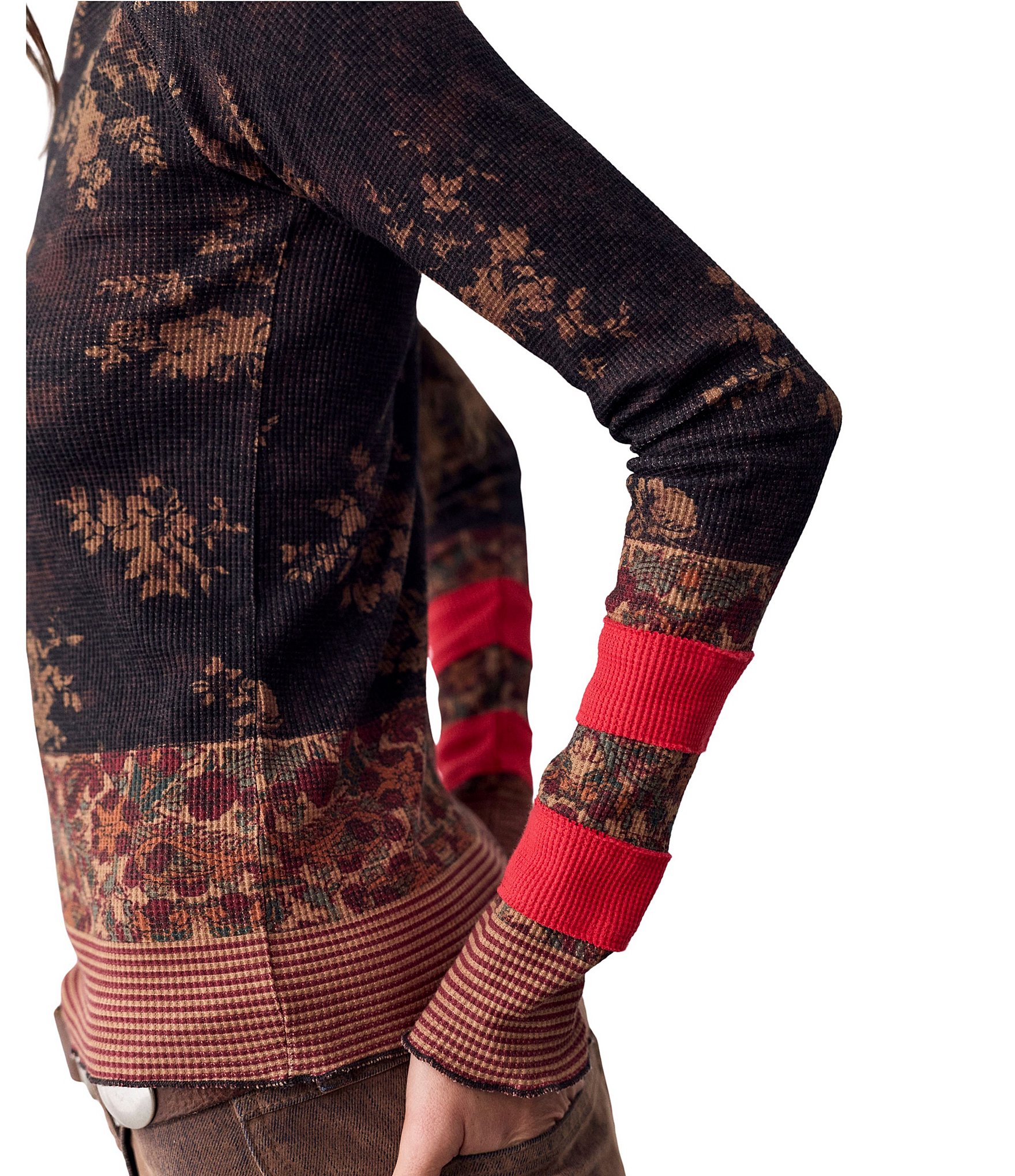 Free People Easy Does It Printed Crew Neck Long Sleeve Ribbed Knit Top
