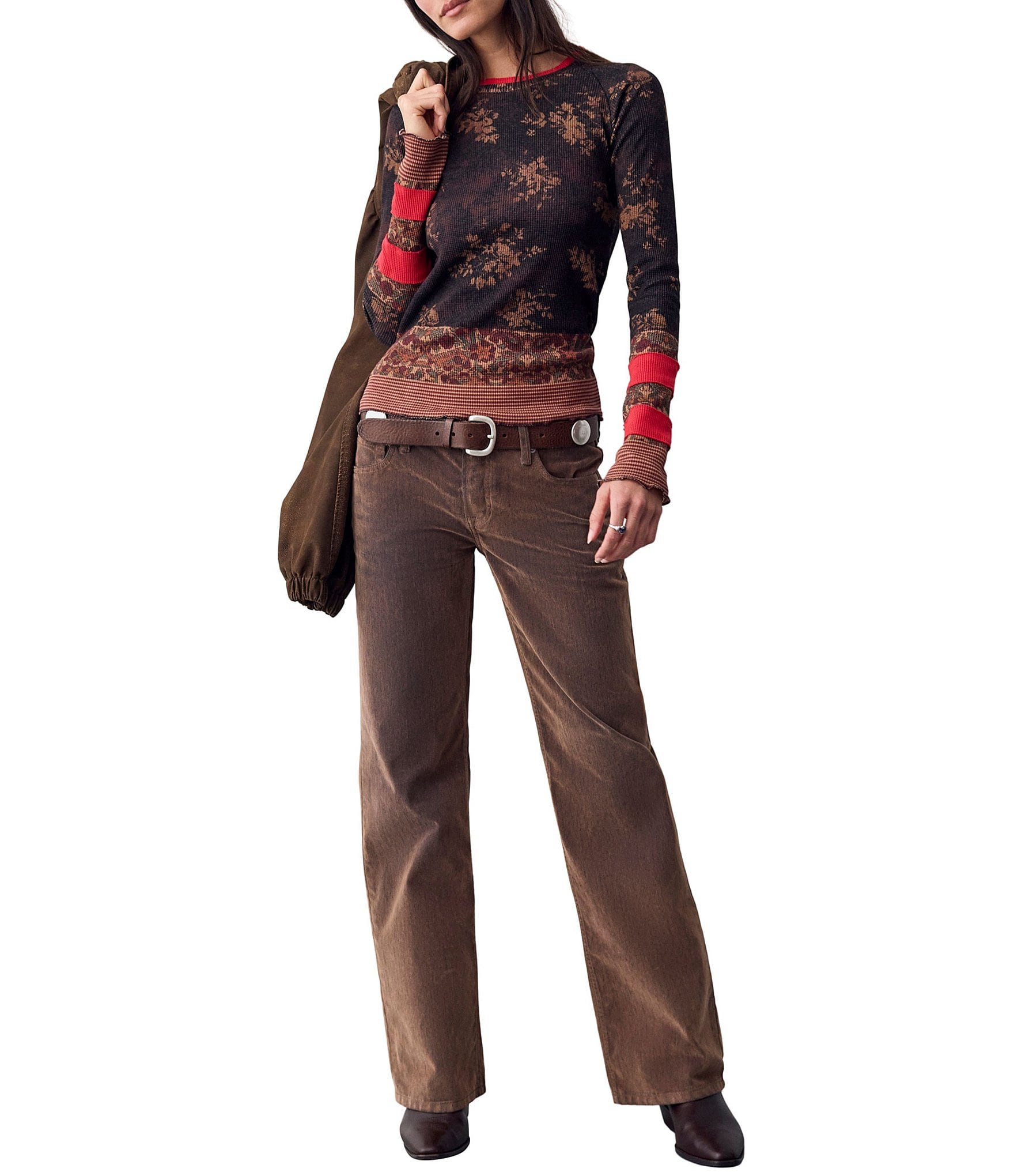 Free People Easy Does It Printed Crew Neck Long Sleeve Ribbed Knit Top