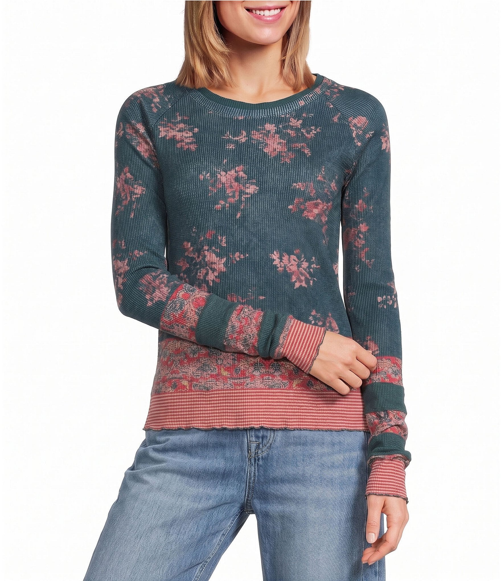 Free People Easy Does It Printed Crew Neck Long Sleeve Ribbed Knit Top