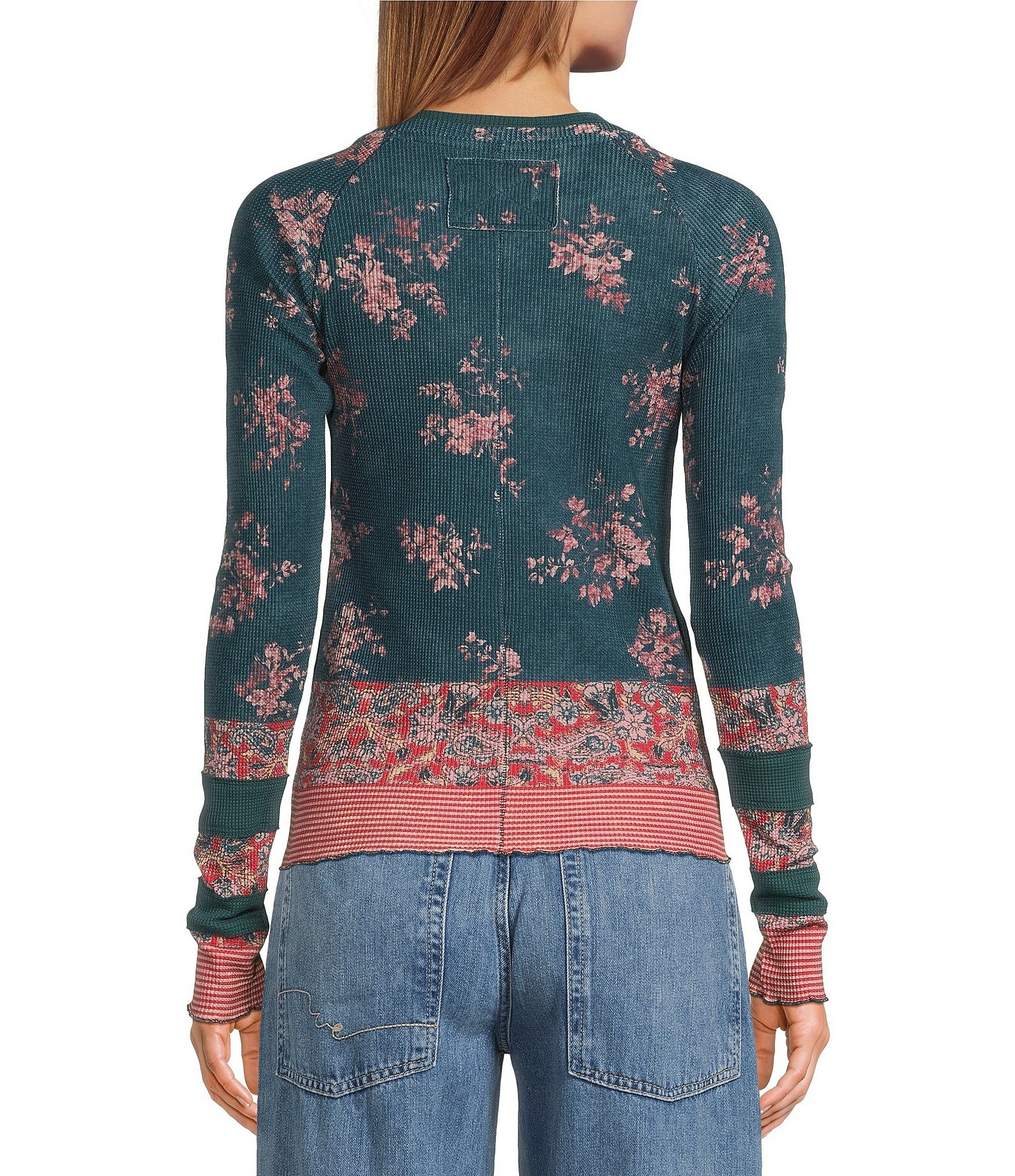Free People Easy Does It Printed Crew Neck Long Sleeve Ribbed Knit Top