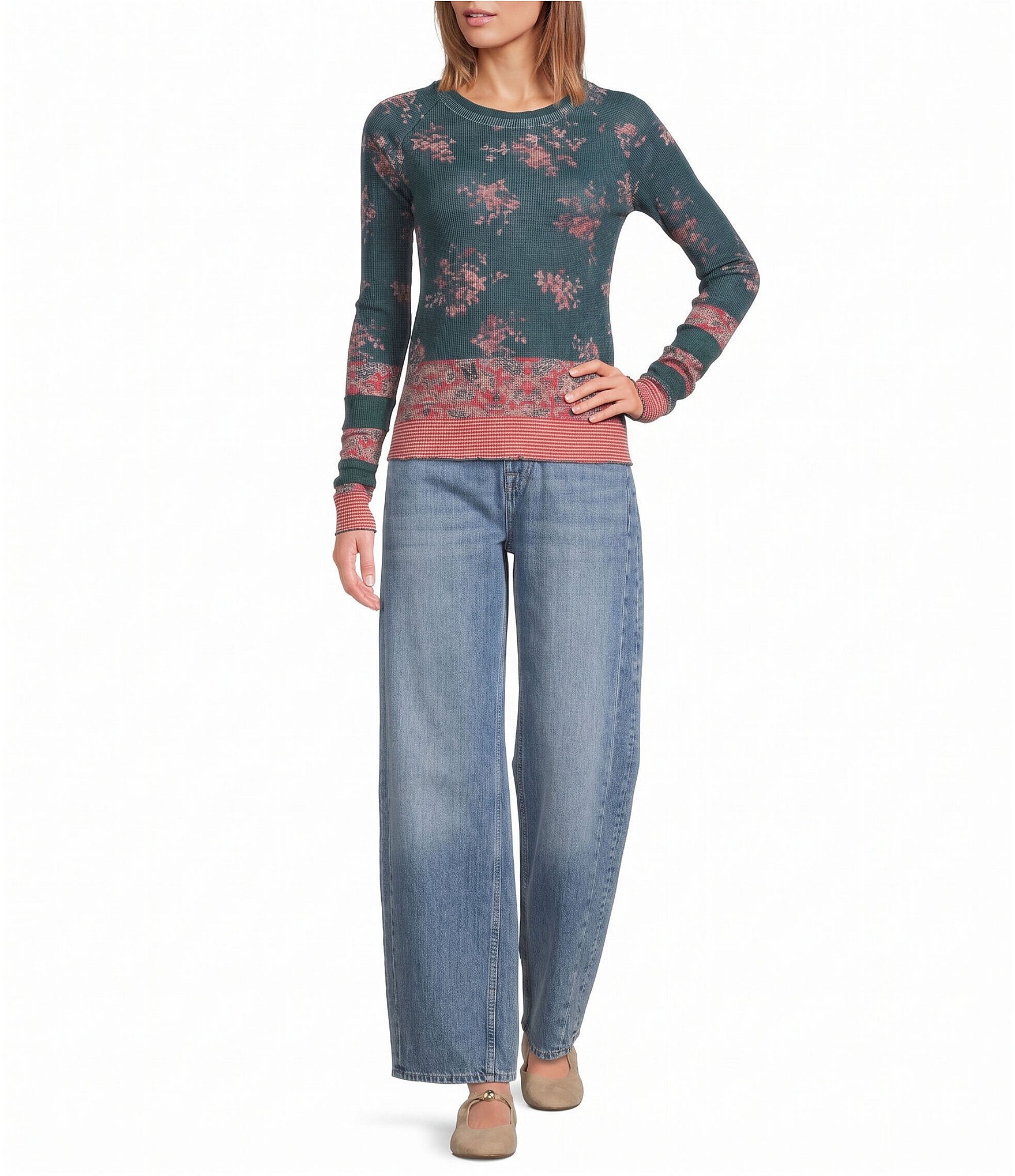 Free People Easy Does It Printed Crew Neck Long Sleeve Ribbed Knit Top