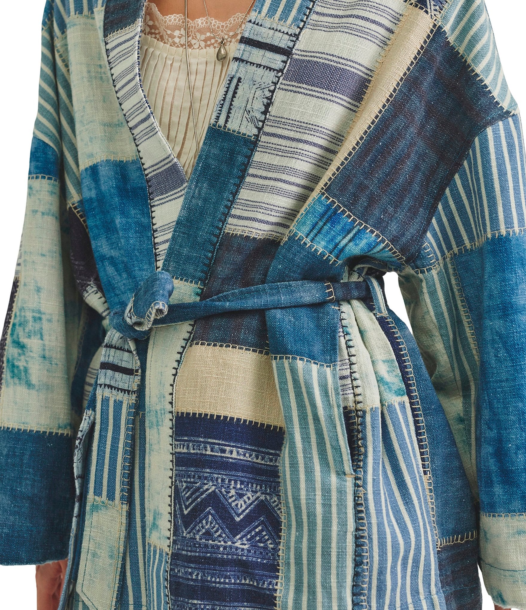 Free People Evie Patchwork V-Neck Long Sleeve Tie-Waist Kimono Jacket
