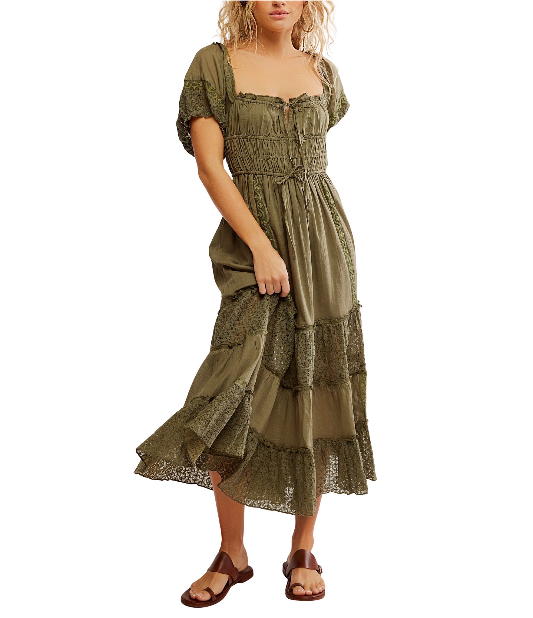 Free People Falling Sun Square Neck Short Puff Sleeve Tiered Midi Dress