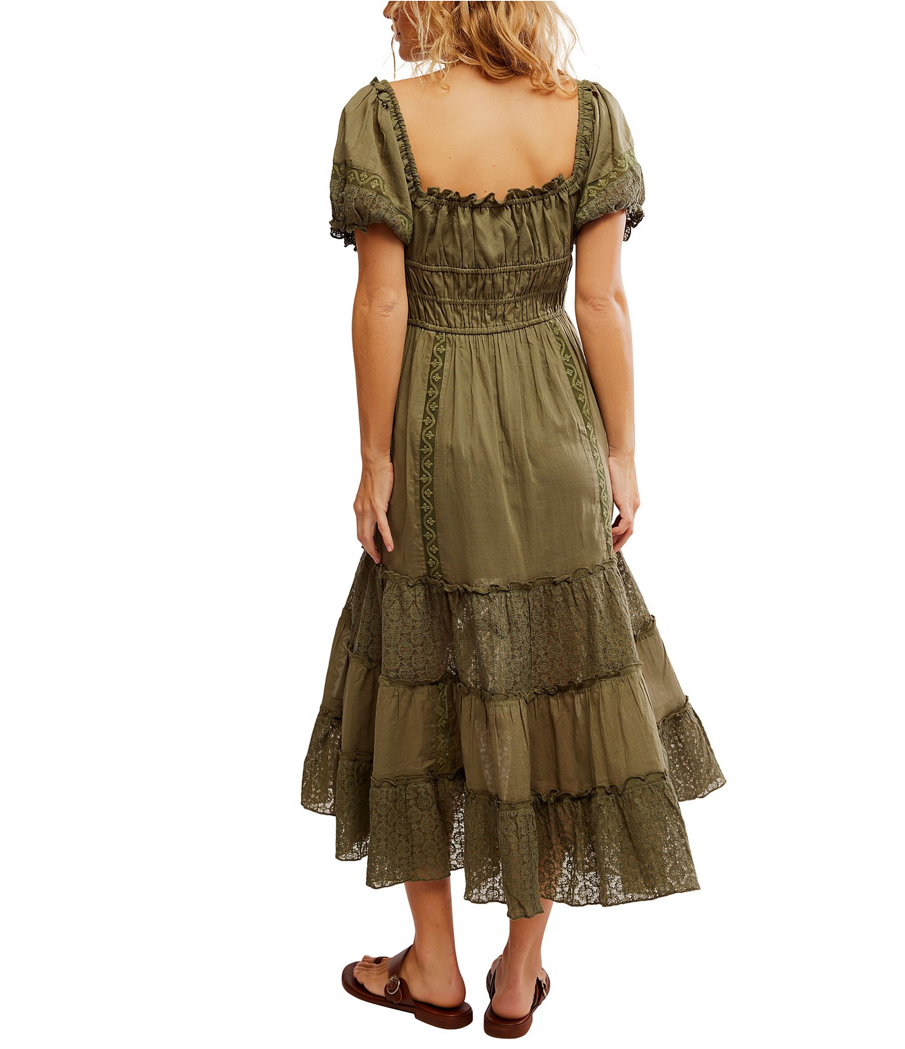 Free People Falling Sun Square Neck Short Puff Sleeve Tiered Midi Dress