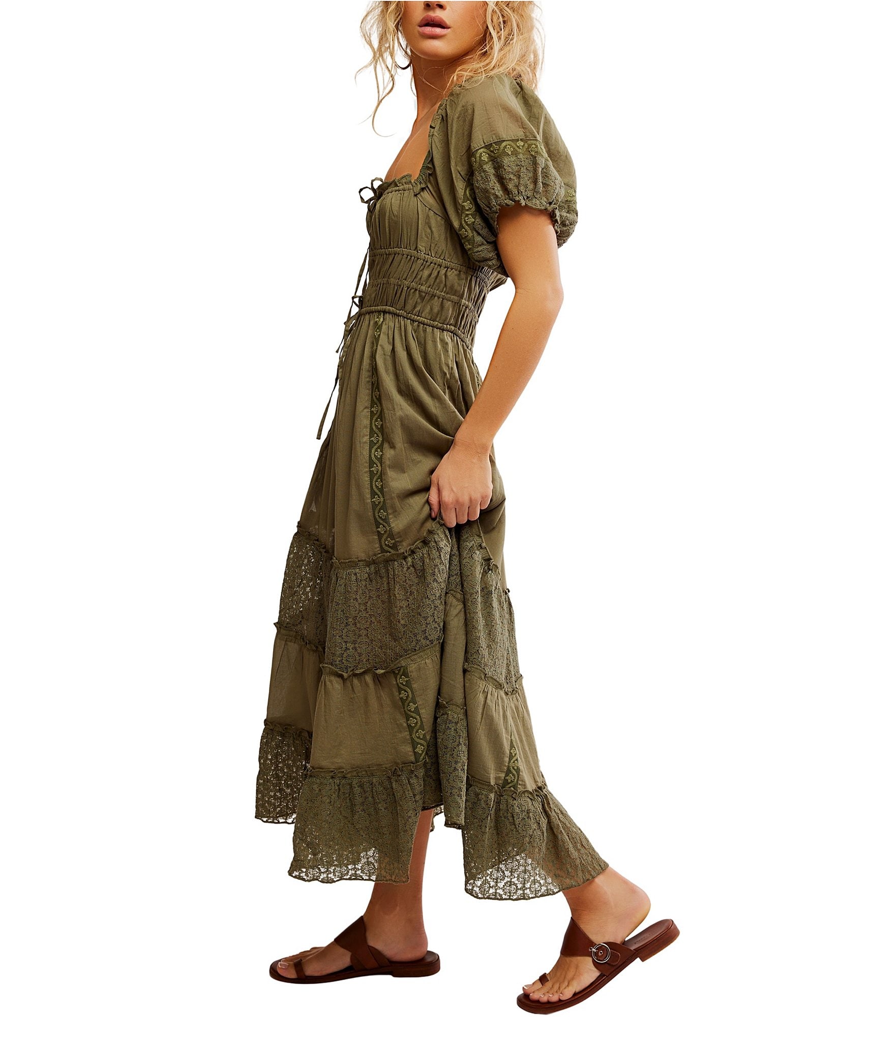 Free People Falling Sun Square Neck Short Puff Sleeve Tiered Midi Dress