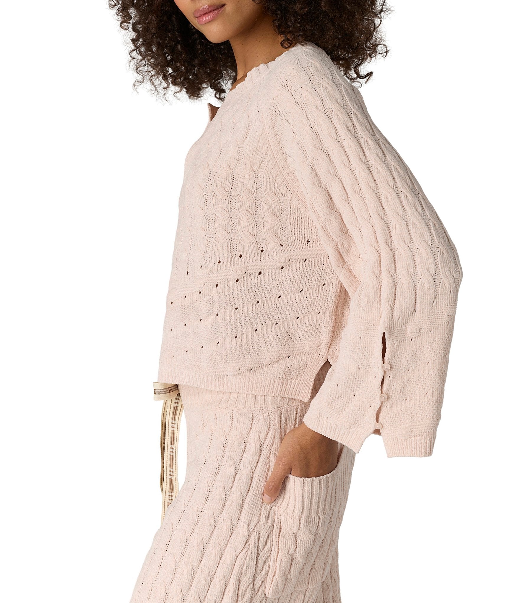 Free People Fireside Crush Bracelet Sleeve Split V-Neck Knit Lounge Coordinating Pullover